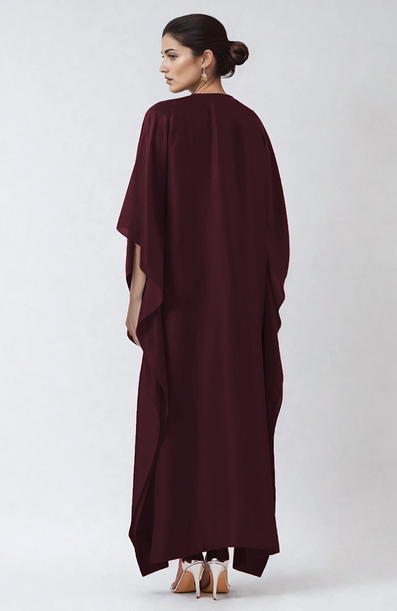 Burgundy kaftan with brown and white resham, beads, and sequin embroidery on front yoke