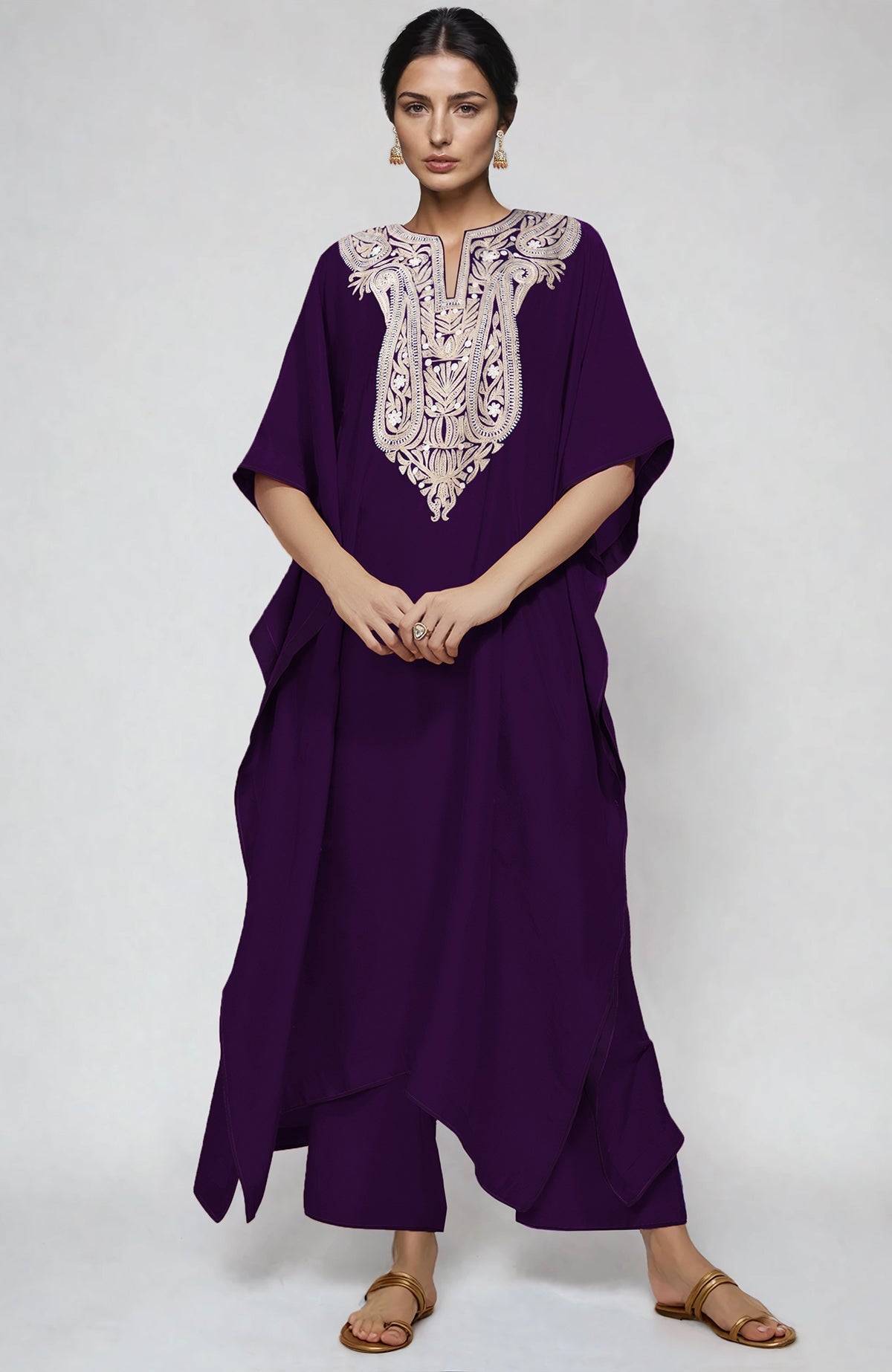Plum kaftan set with white and beige paisley Aari embroidery on neckline and straight pants