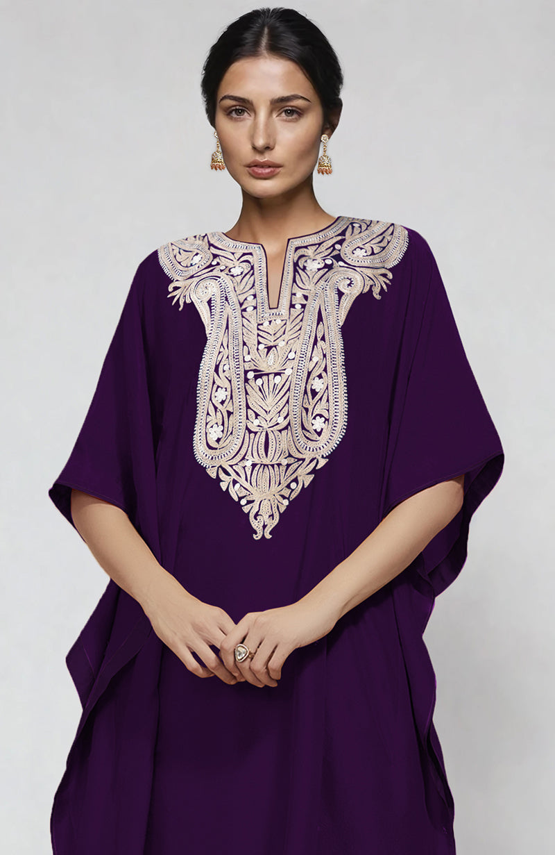 Purple kaftan set with white and beige paisley Aari embroidery on neckline and straight pants