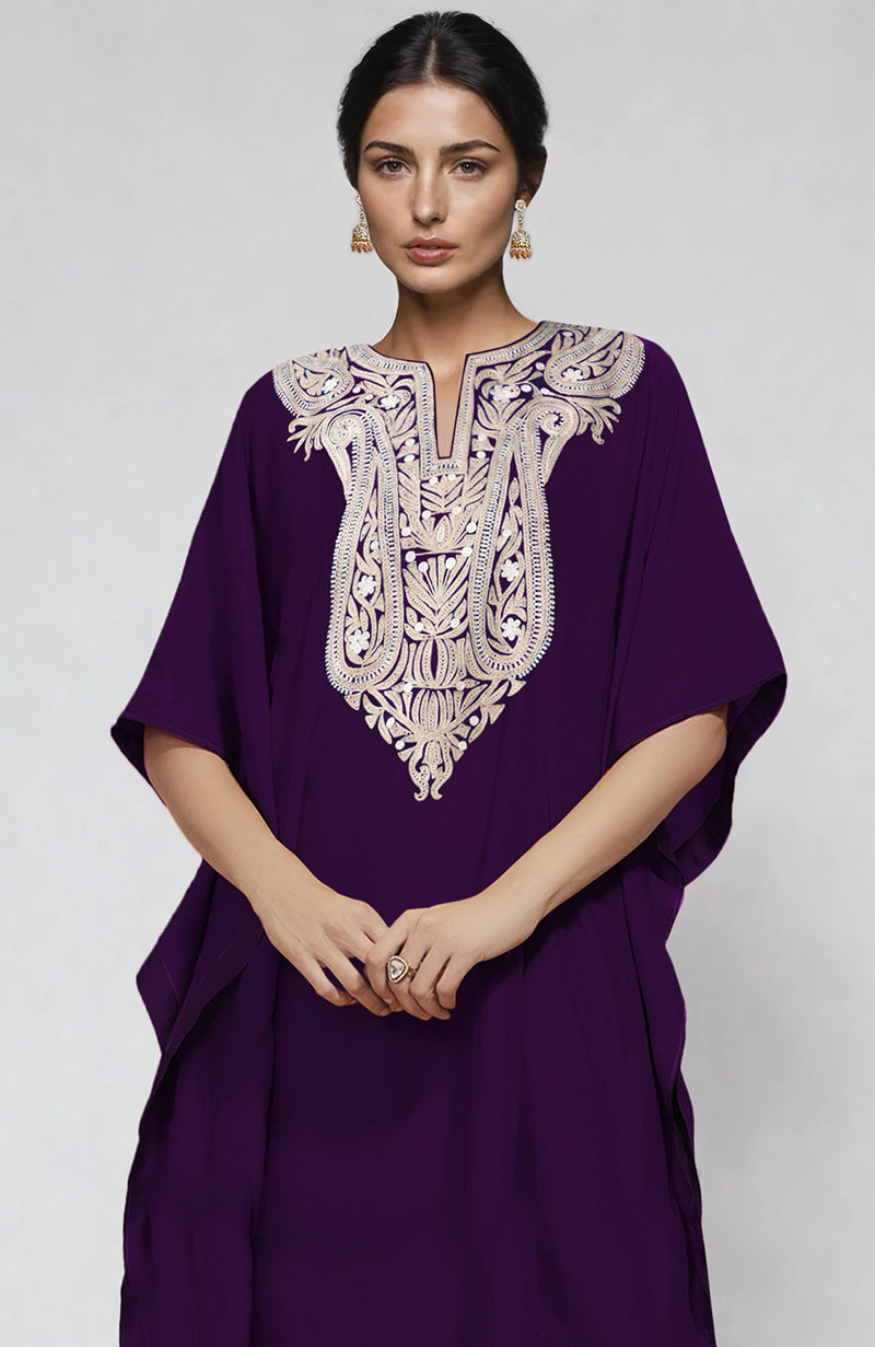 Plum kaftan with white and beige paisley Aari embroidery along the neckline.