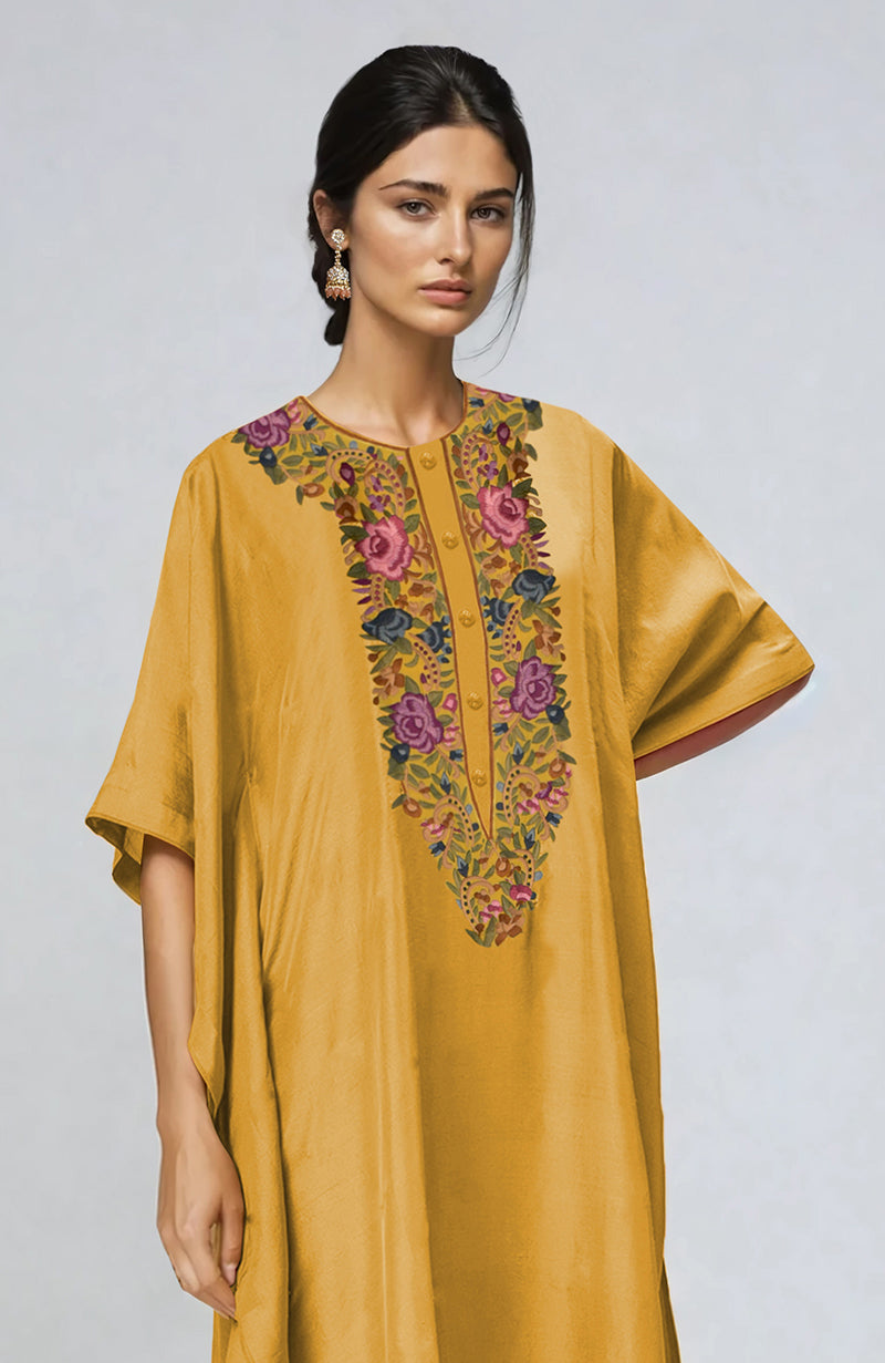Yellow kaftan with intricate multi-colored Parsi Gara embroidery on placket and cuffs