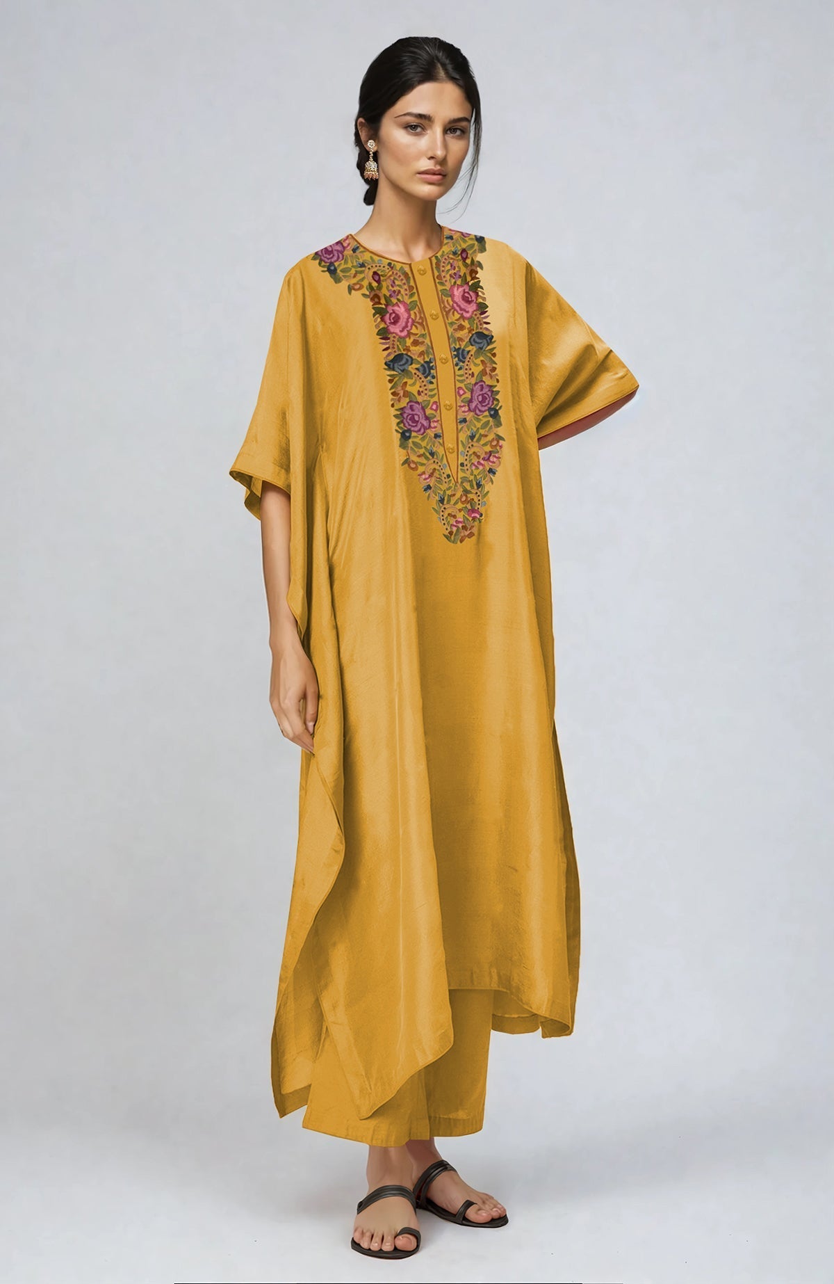 Yellow kaftan set with multi-colored Parsi Gara embroidery on placket and cuffs, paired with straight pants
