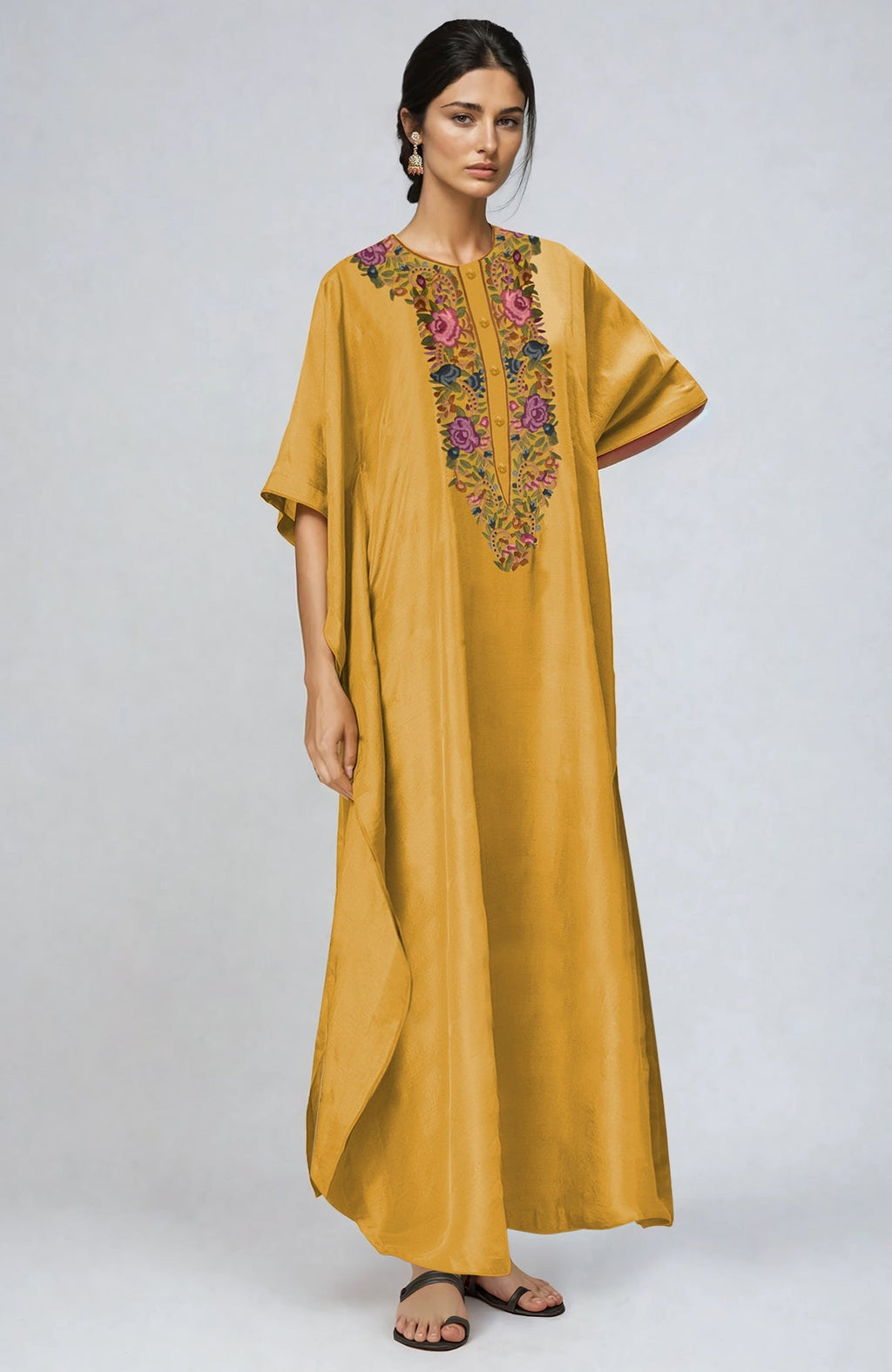 Yellow kaftan with intricate multi-colored Parsi Gara embroidery on placket and cuffs