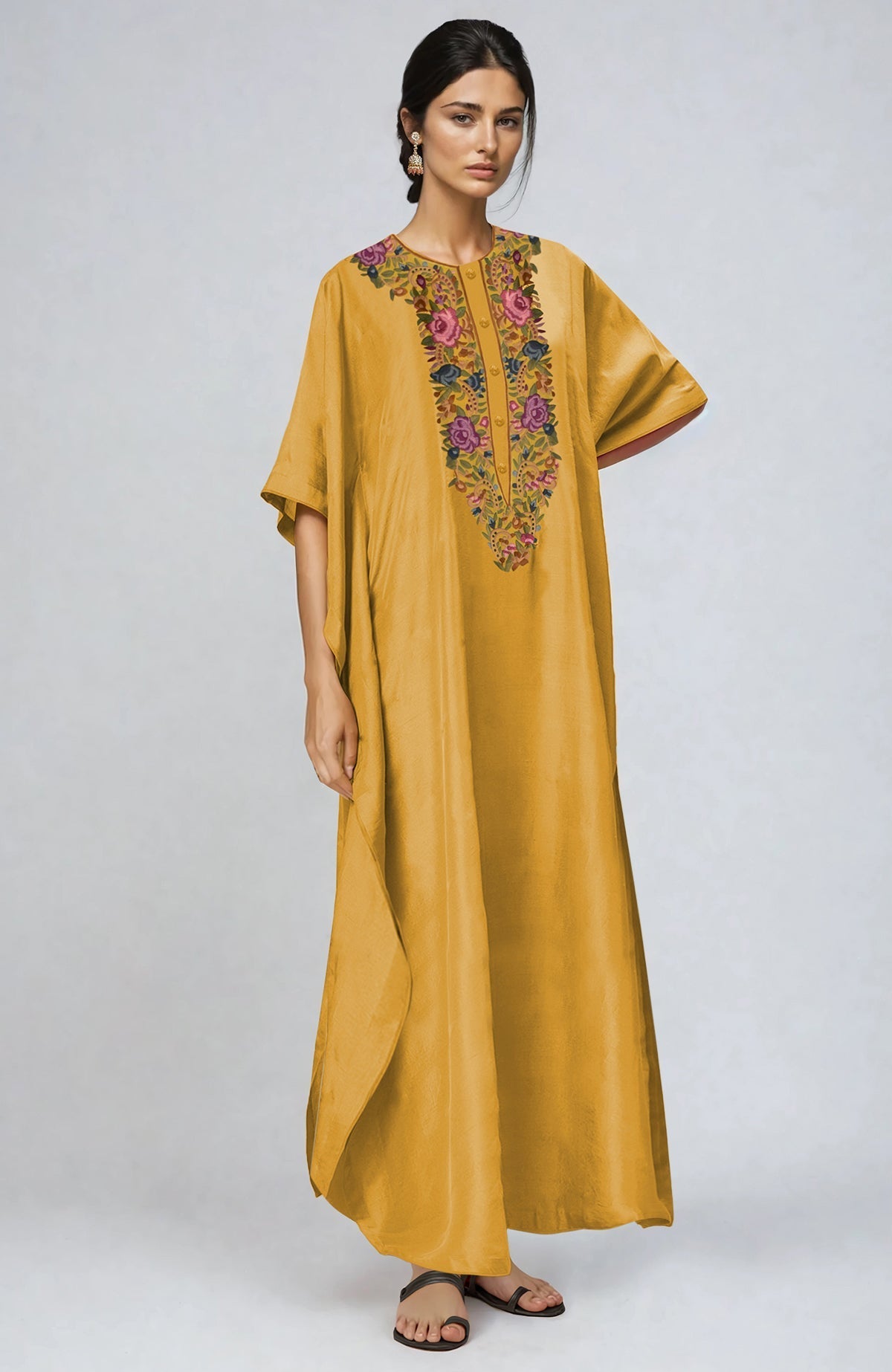 Yellow kaftan with intricate multi-colored Parsi Gara embroidery on placket and cuffs