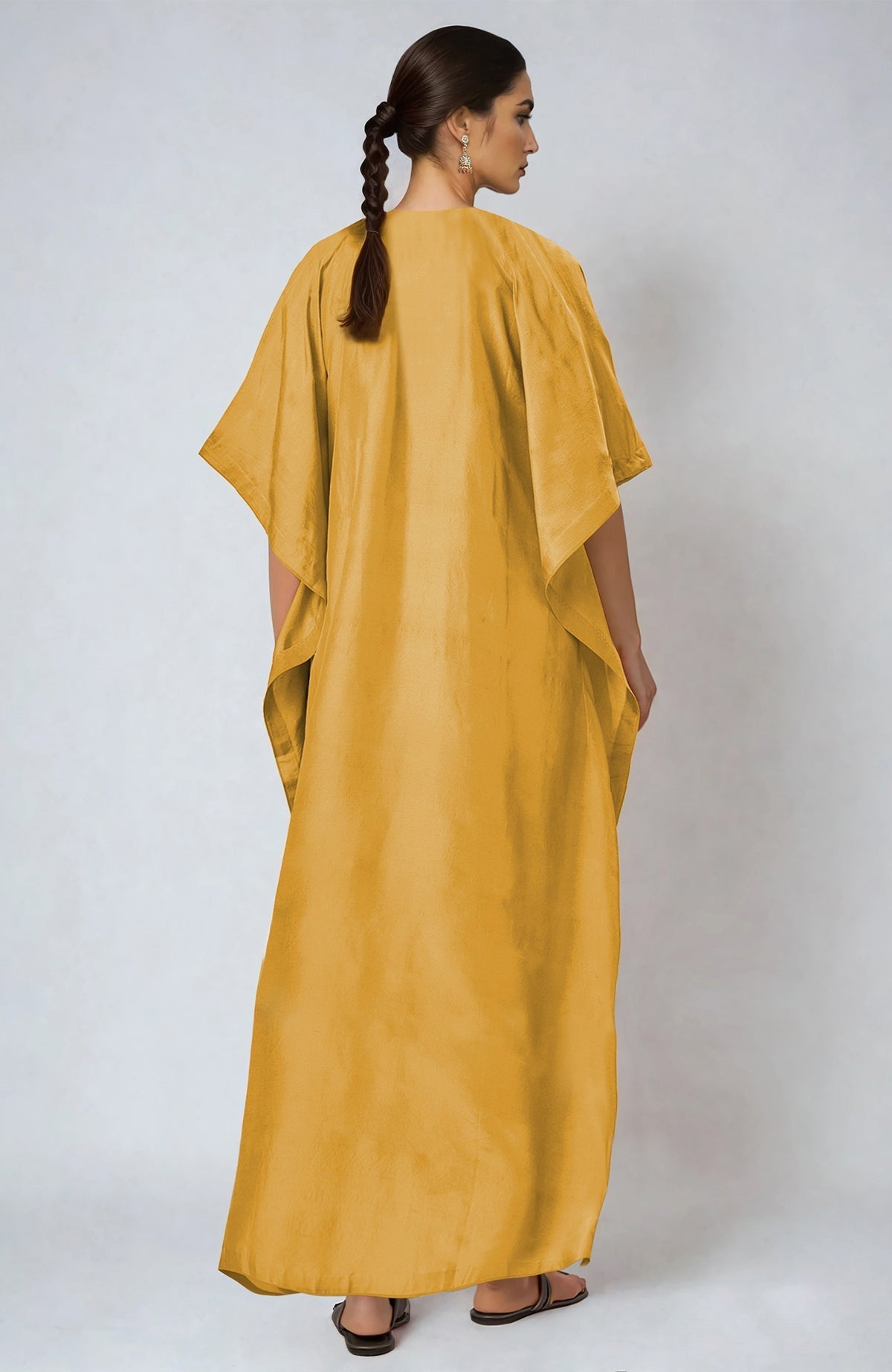 Yellow kaftan with intricate multi-colored Parsi Gara embroidery on placket and cuffs