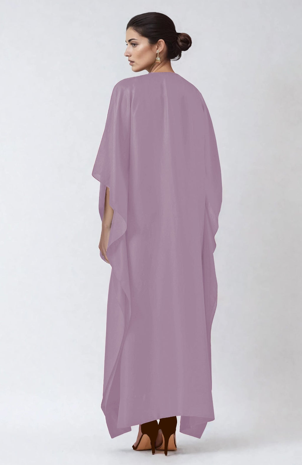 Elderberry kaftan with intricate silver Kashmiri tilla embroidery along the placket.