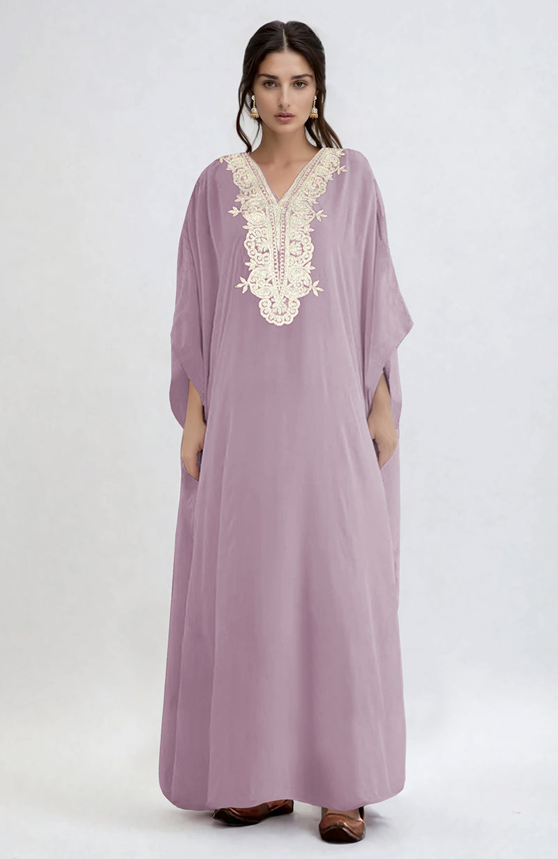 Elderberry kaftan with intricate silver Kashmiri tilla embroidery along the placket.