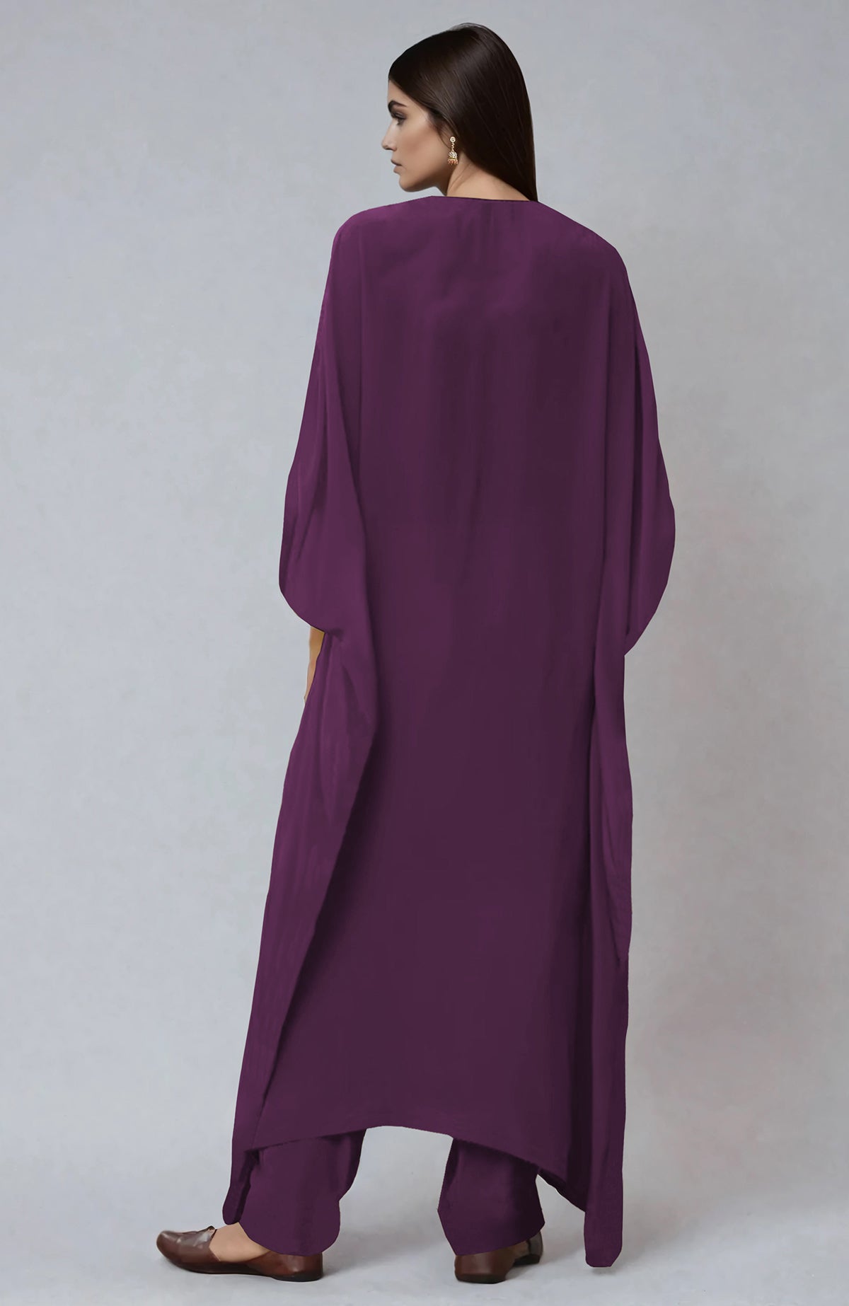 Burgundy purple kaftan with paisley tilla aari embroidery and matching straight pants.