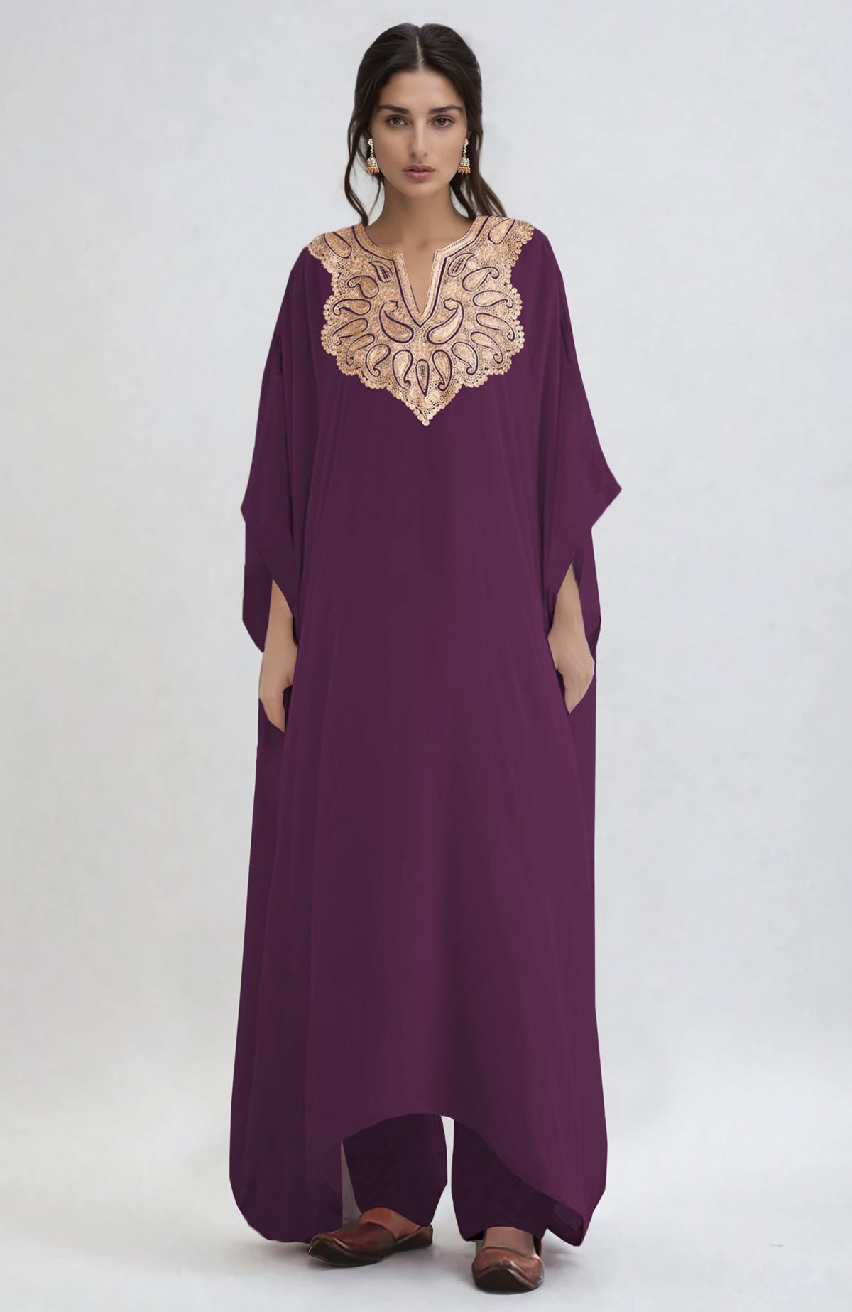 Burgundy purple kaftan with paisley Tilla Aari embroidery and matching straight pants set