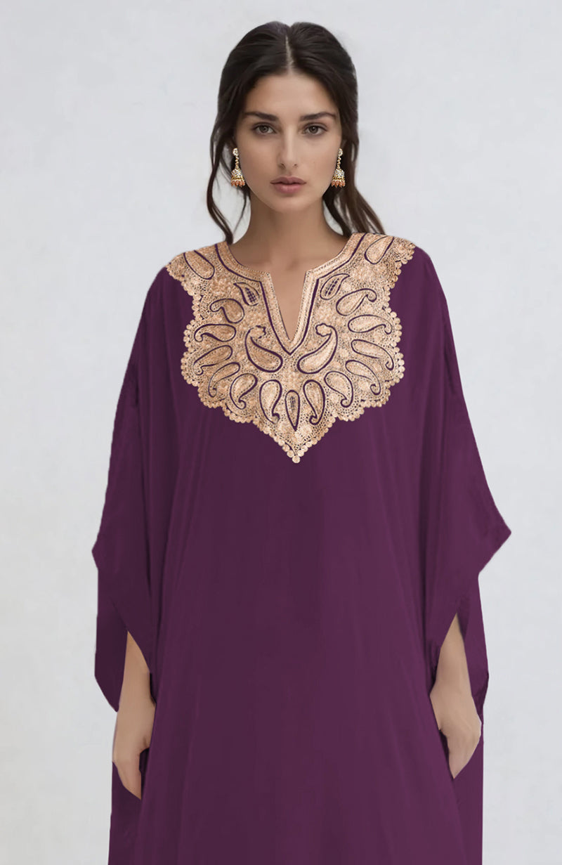 Burgundy purple kaftan with paisley tilla aari embroidery and matching straight pants set