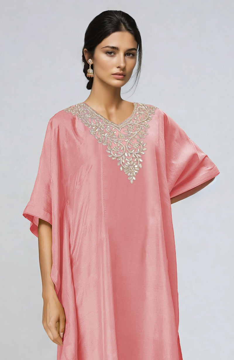 Peony pink kaftan set with rose gold marori gota patti and zardozi embroidery and straight pants