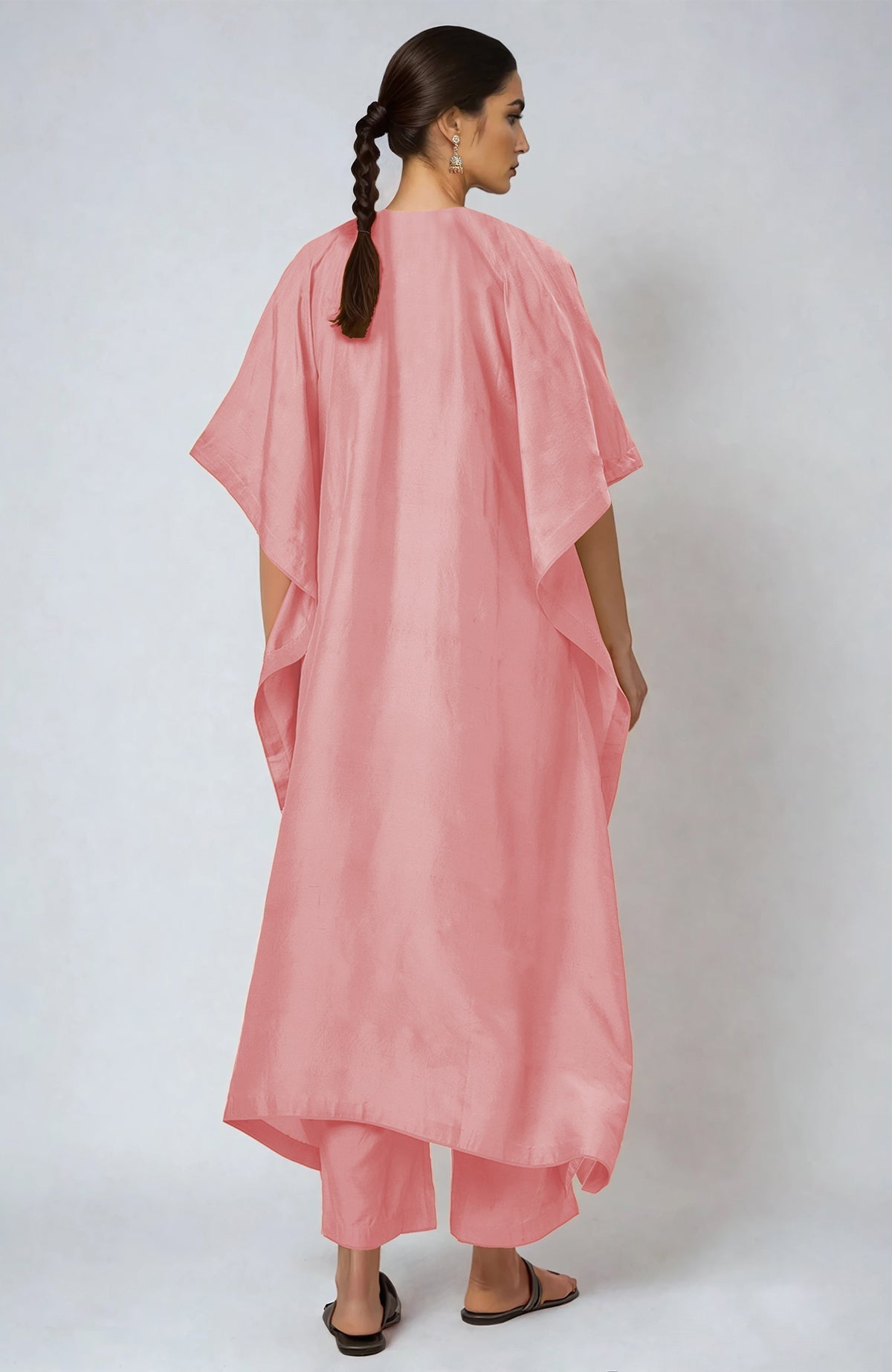 Peony pink kaftan with rose gold marori gota patti and zardozi embroidery paired with straight pants