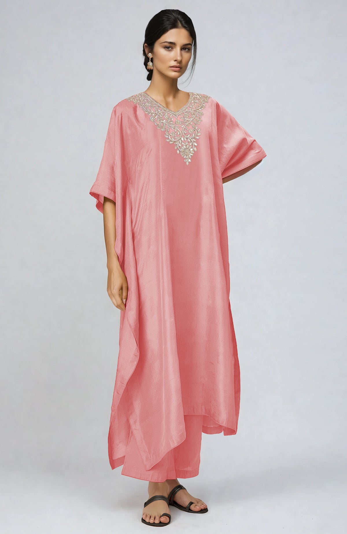 Peony pink kaftan set with rose gold gota patti and zardozi embroidery paired with straight pants
