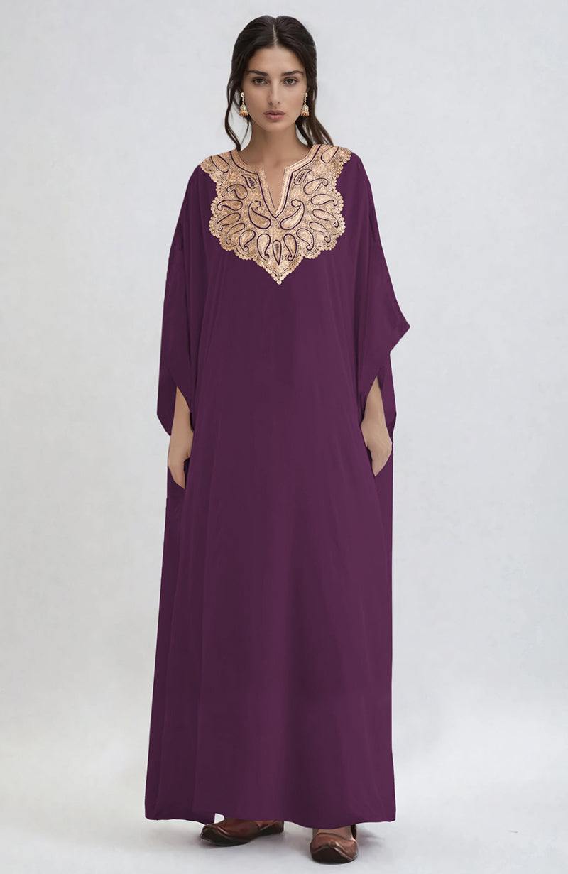 Burgundy purple kaftan with intricate paisley Tilla Aari embroidery along the placket