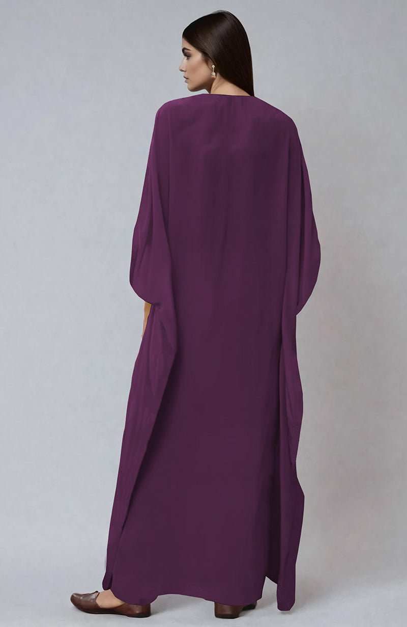 Burgundy purple kaftan with paisley tilla aari embroidery along the placket