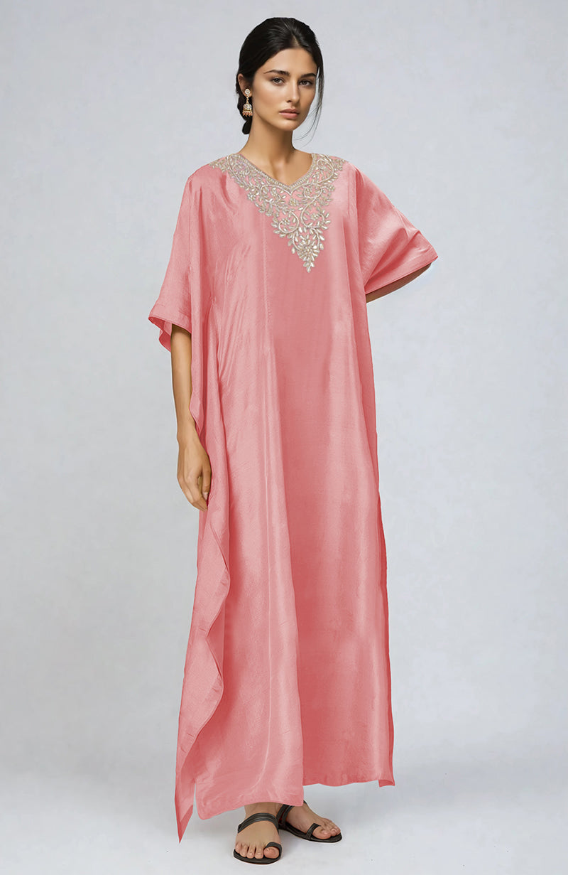 Peony pink kaftan with Marori Gota Patti and Zardozi embroidery on the placket.