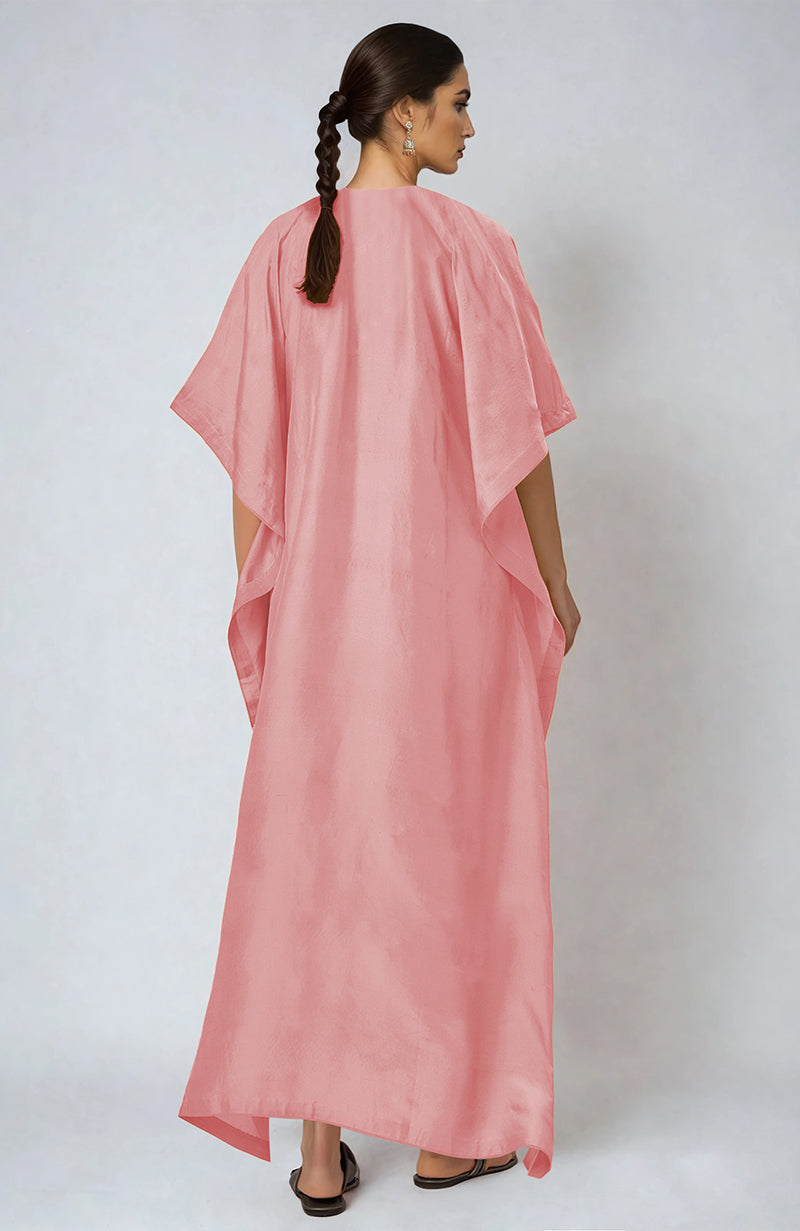 Peony pink kaftan with Marori Gota Patti and Zardozi embroidery on the placket.