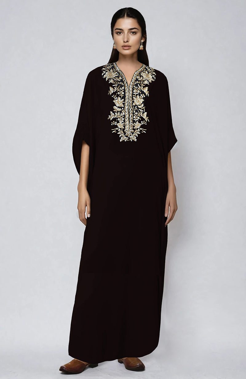 Black kaftan with intricate ivory and beige Parsi Gara embroidery on placket and cuffs