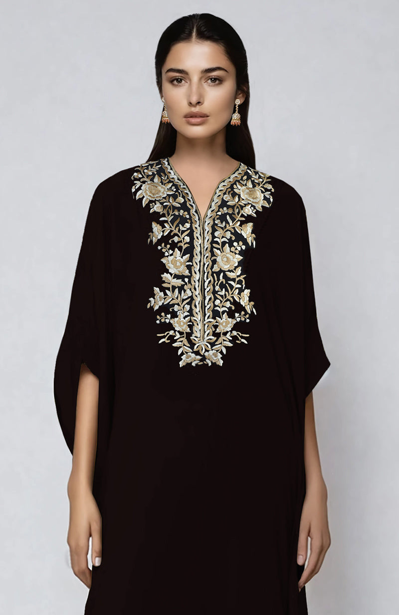 Black kaftan with ivory and beige Parsi Gara floral embroidery on placket and cuffs