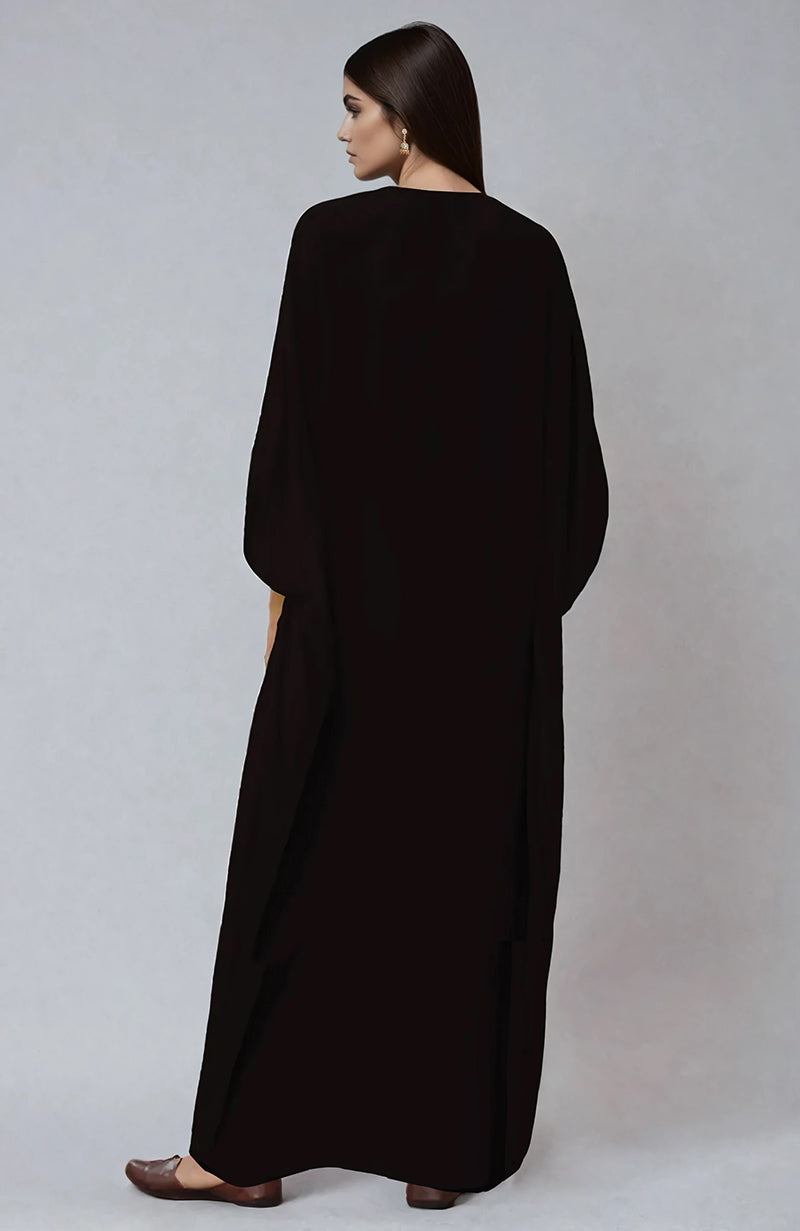 Black kaftan with intricate ivory and beige Parsi Gara embroidery on placket and cuffs