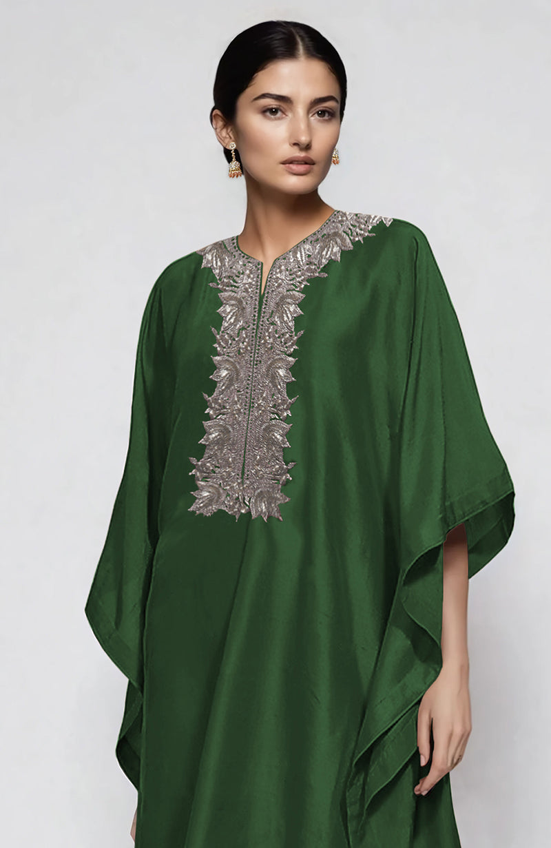 Emerald green kaftan set with silver Kashmiri Tilla embroidery on placket and cuffs, paired with straight pants