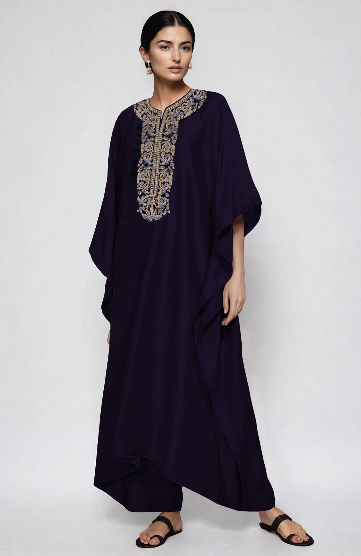 Midnight blue kaftan set with intricate Kashmiri tilla and resham embroidery and straight pants
