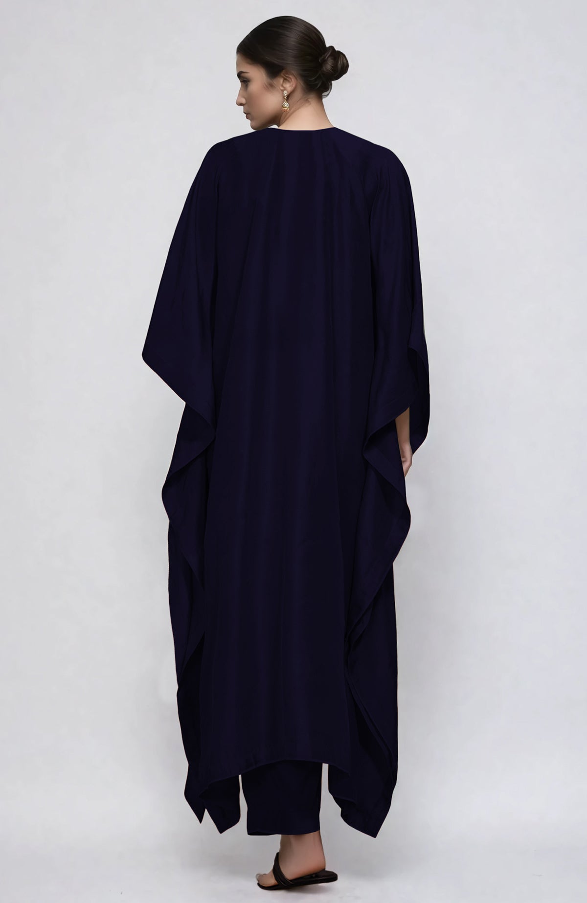 Midnight blue kaftan set with intricate Kashmiri tilla and resham embroidery and straight pants