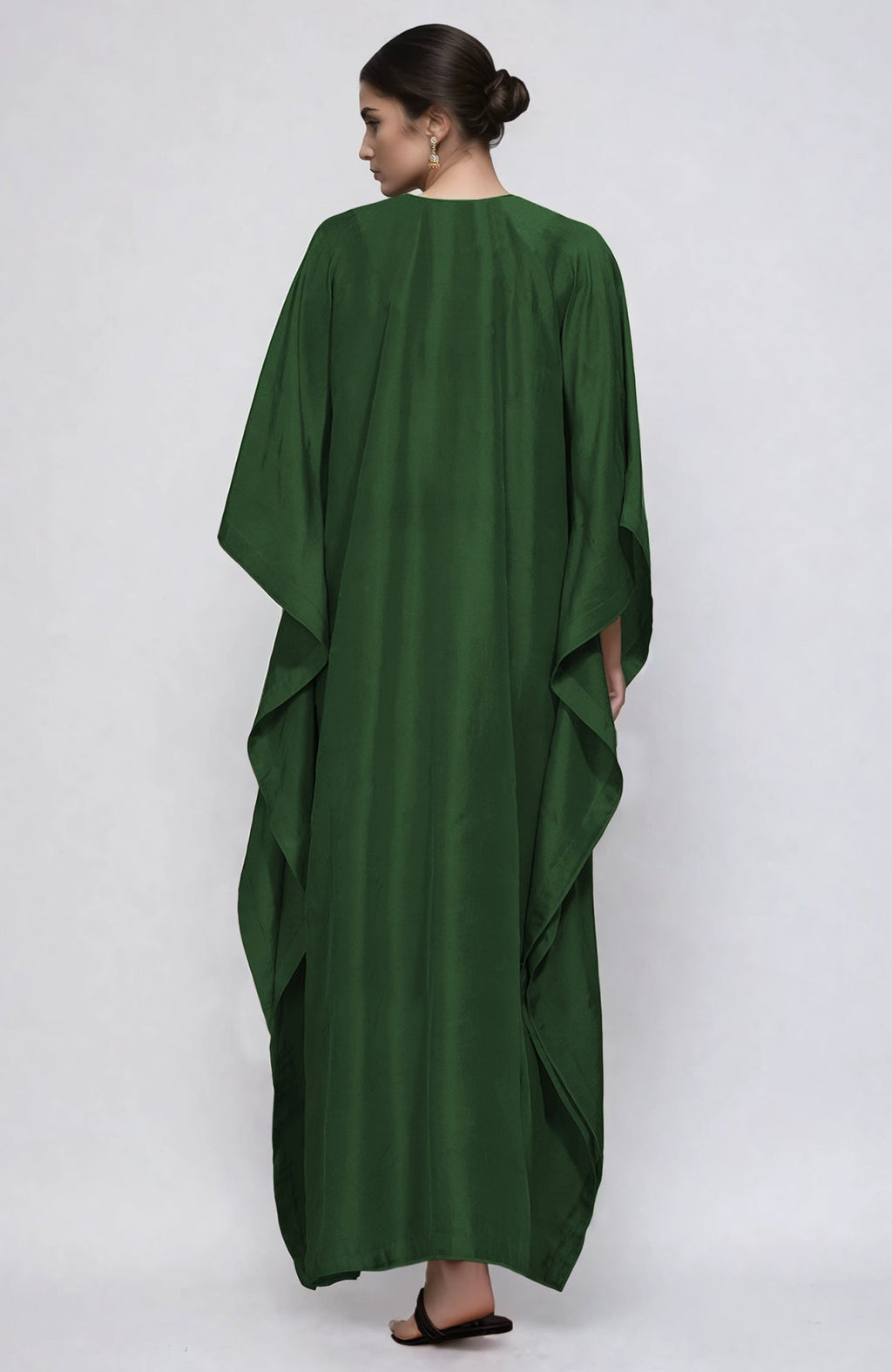 Emerald green kaftan with intricate silver Kashmiri Tilla embroidery on placket and cuffs