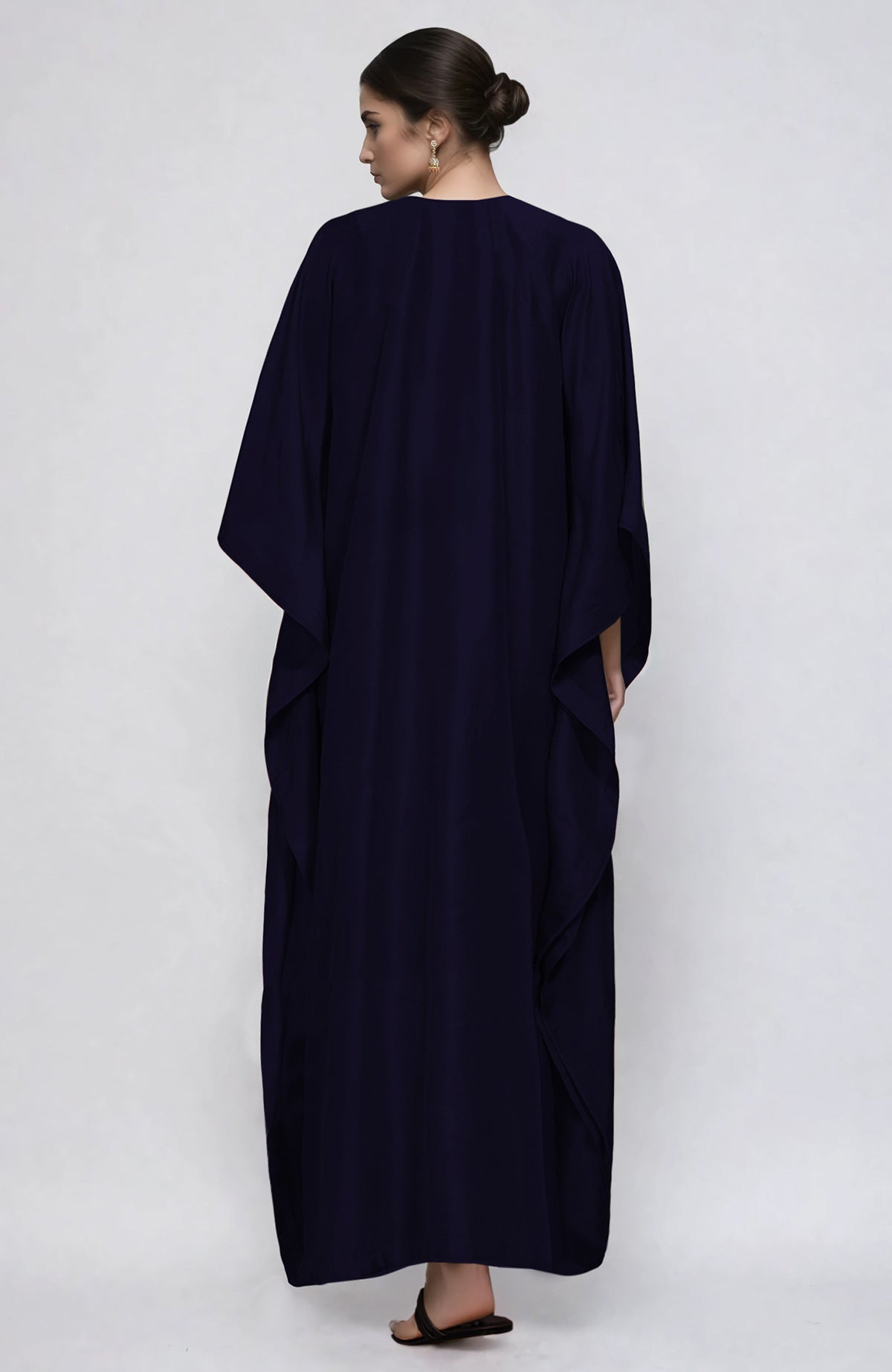 Midnight blue kaftan with intricate Kashmiri tilla and resham embroidery on the placket