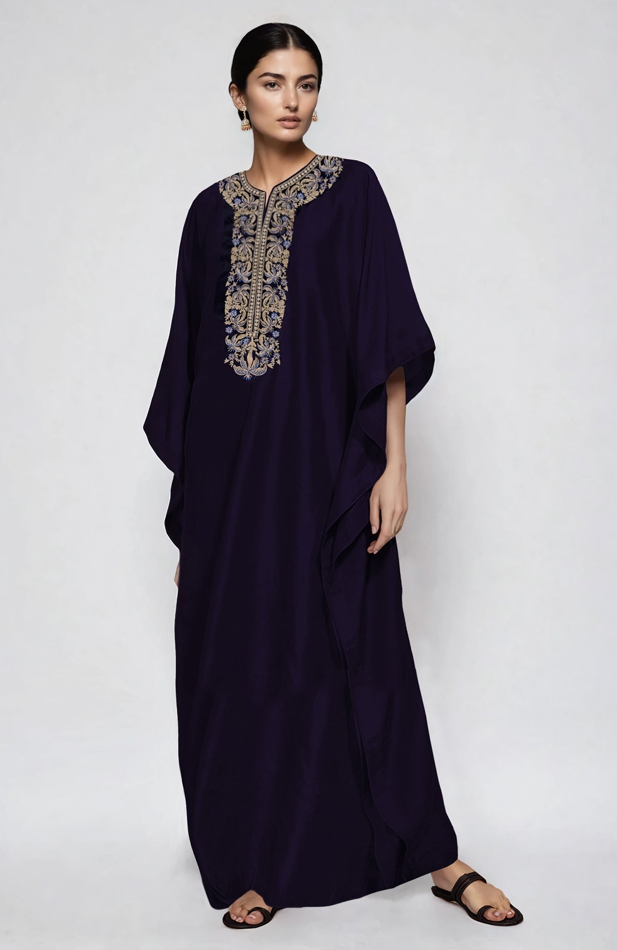 Midnight blue kaftan with intricate Kashmiri tilla and resham embroidery on the placket