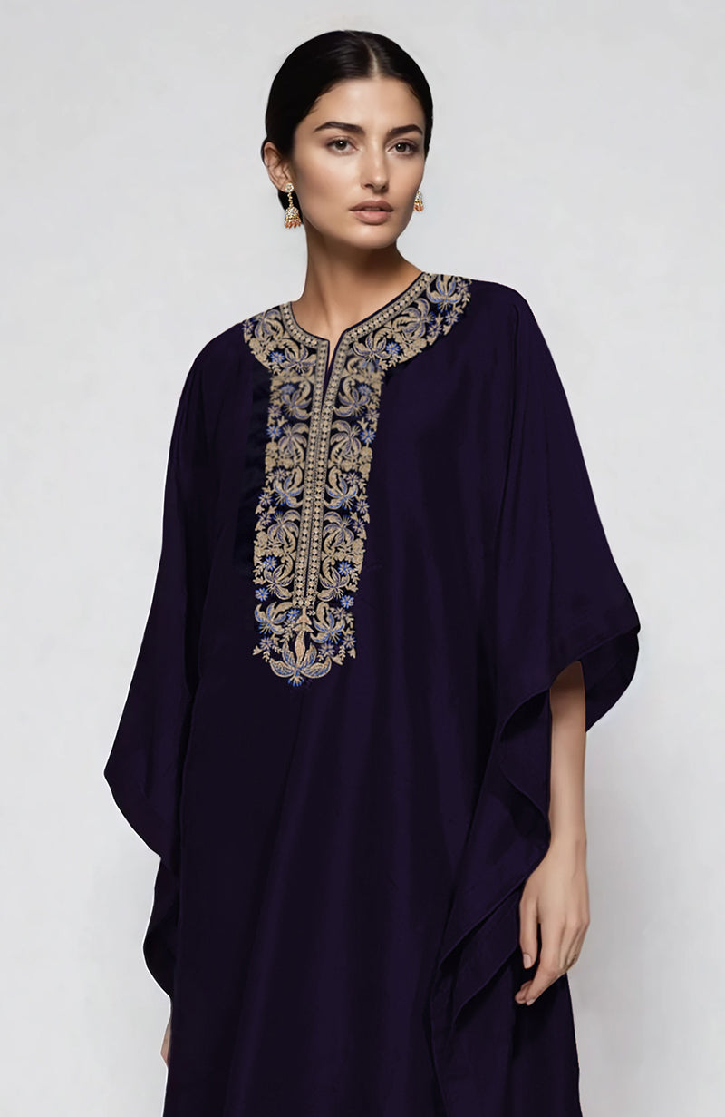 Midnight blue kaftan with intricate Kashmiri tilla and resham embroidery on the placket