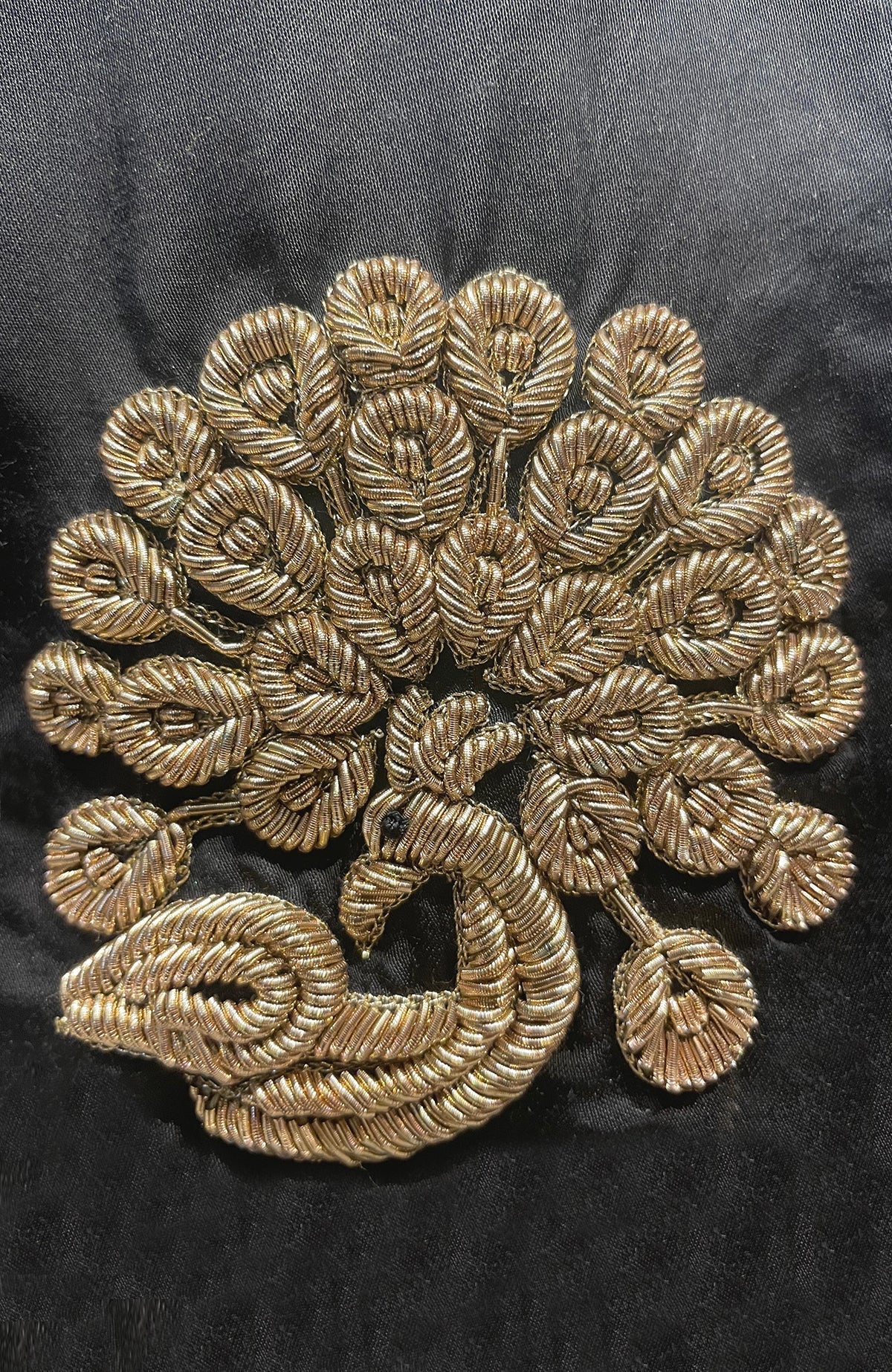 Black satin stole with hand embroidered Indian peacock motif in zardozi dabka style