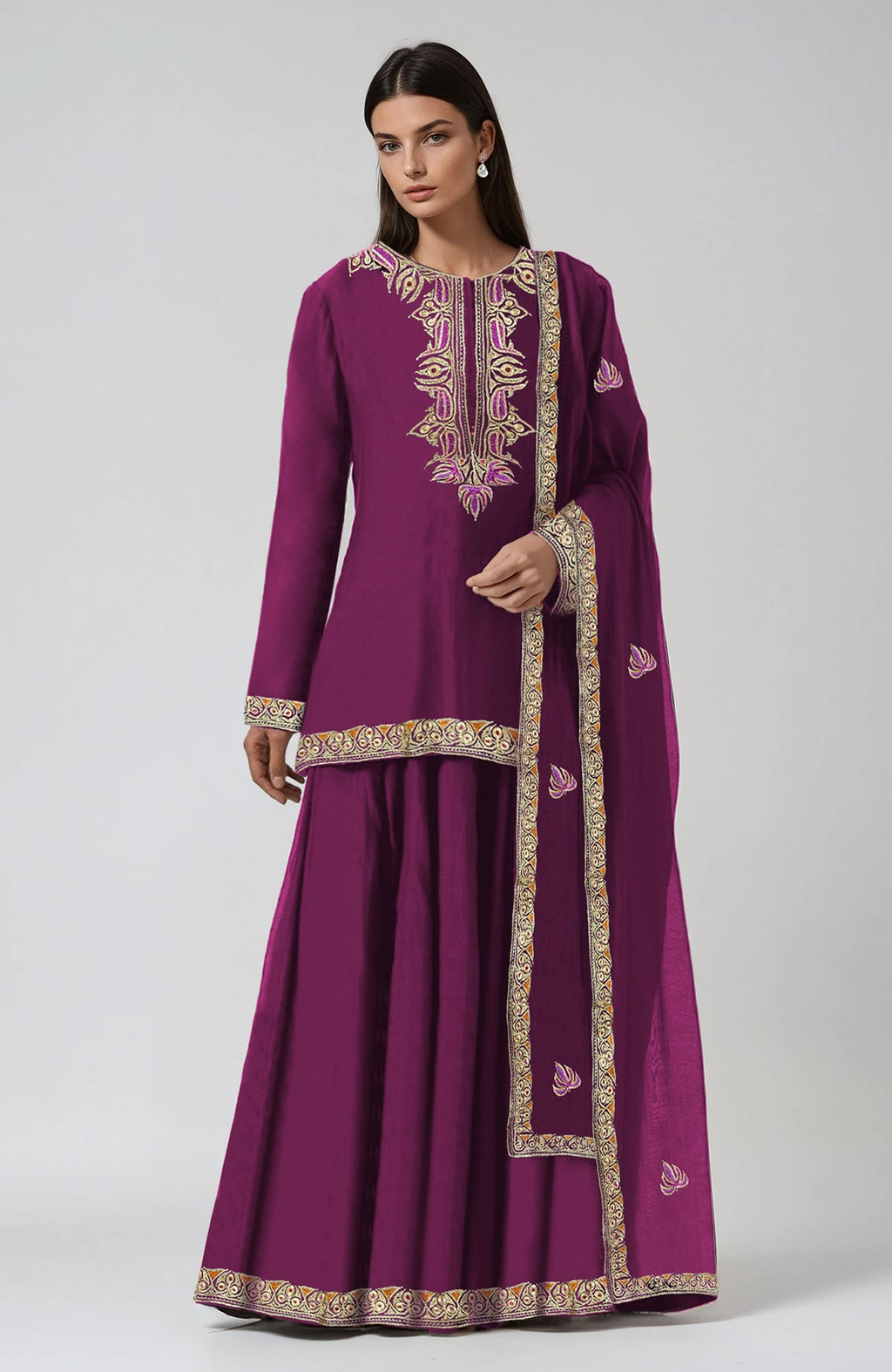 Peacock pink sharara set with Kashmiri tilla and resham embroidery.
