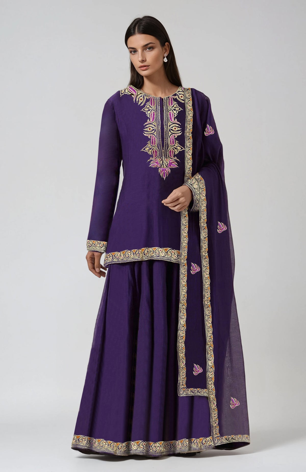 Indigo purple sharara set with intricate Kashmiri tilla and resham embroidery.