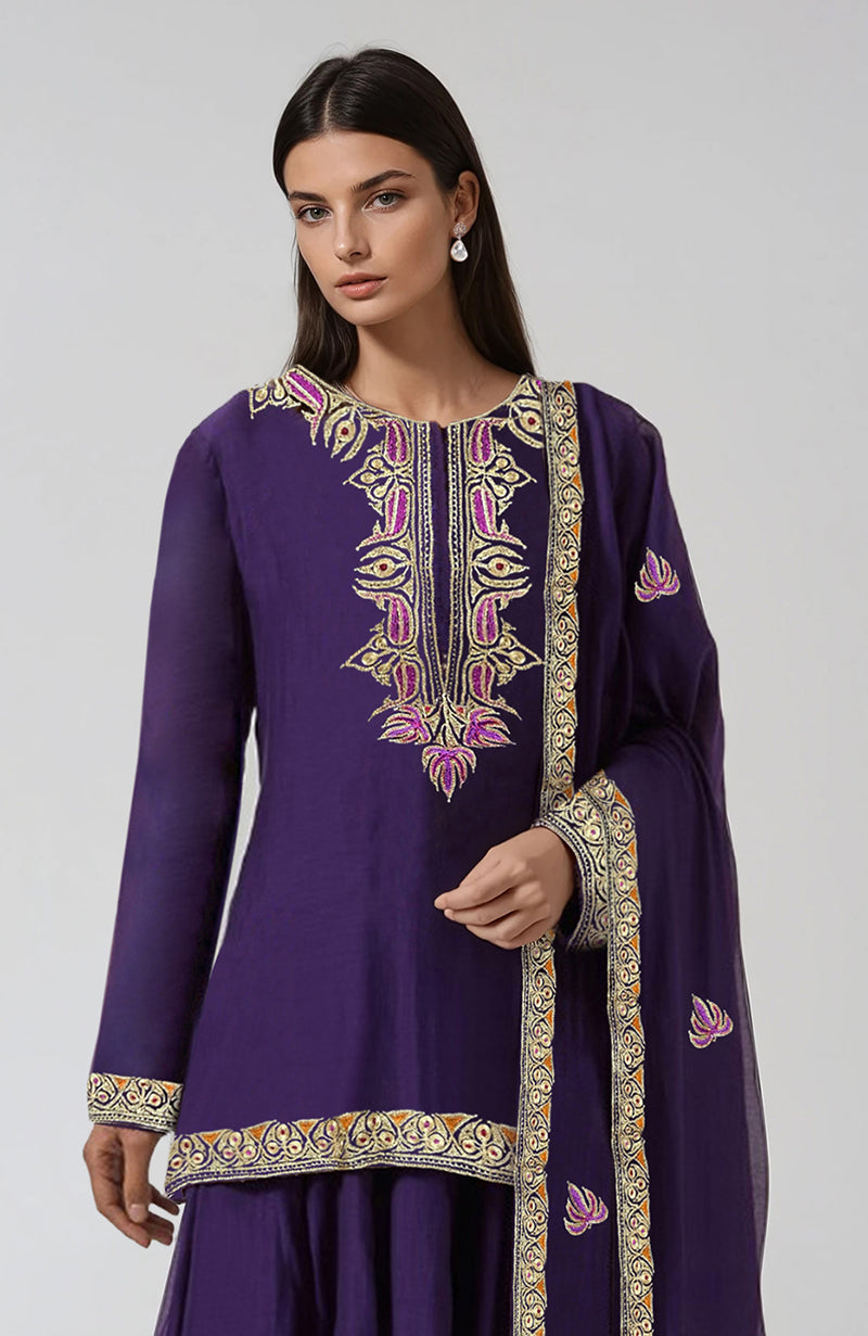 Indigo purple sharara set with intricate Kashmiri tilla and resham embroidery.