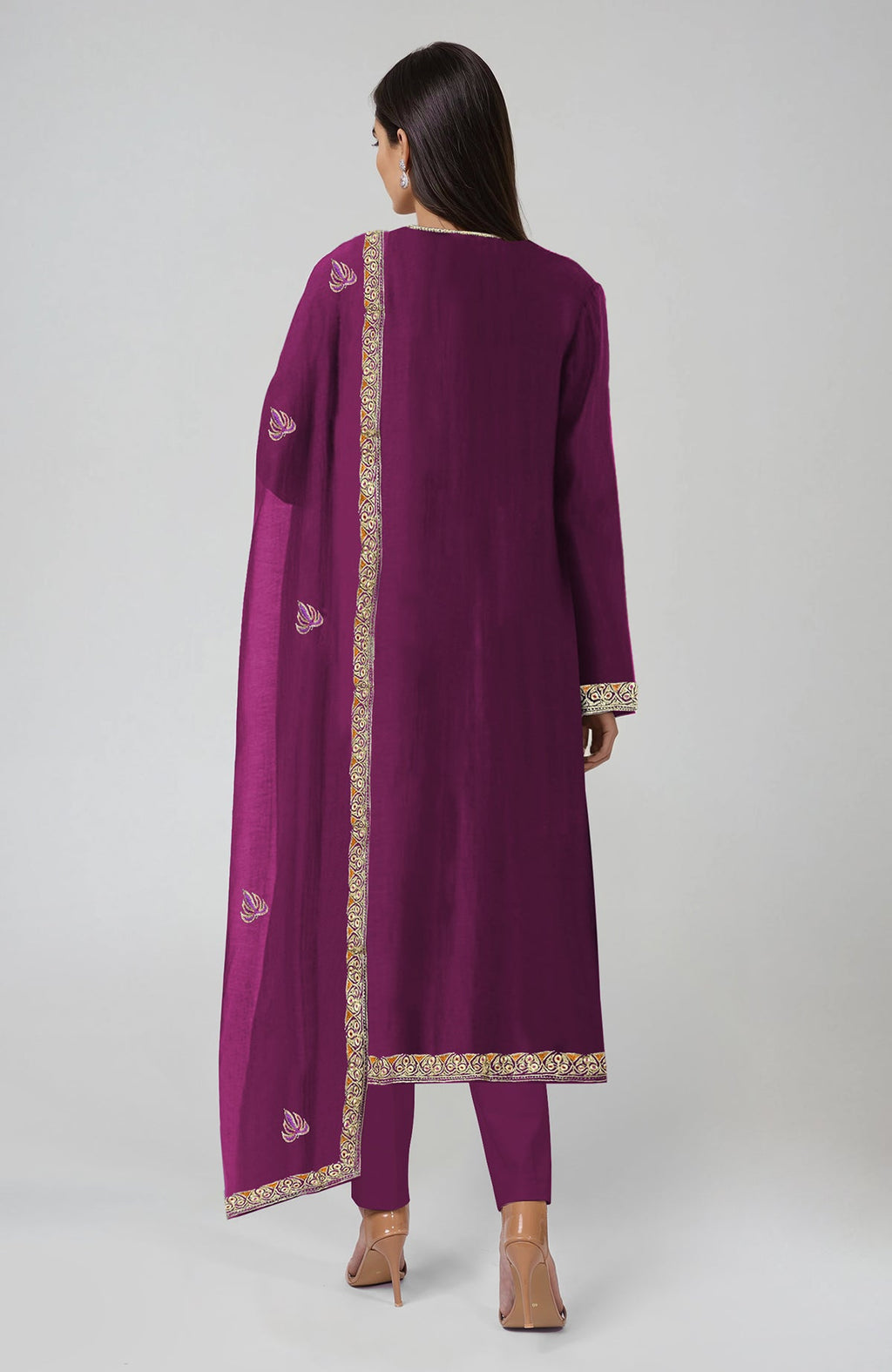 Peacock pink Kashmiri tilla and resham embroidered kurta set with dupatta.