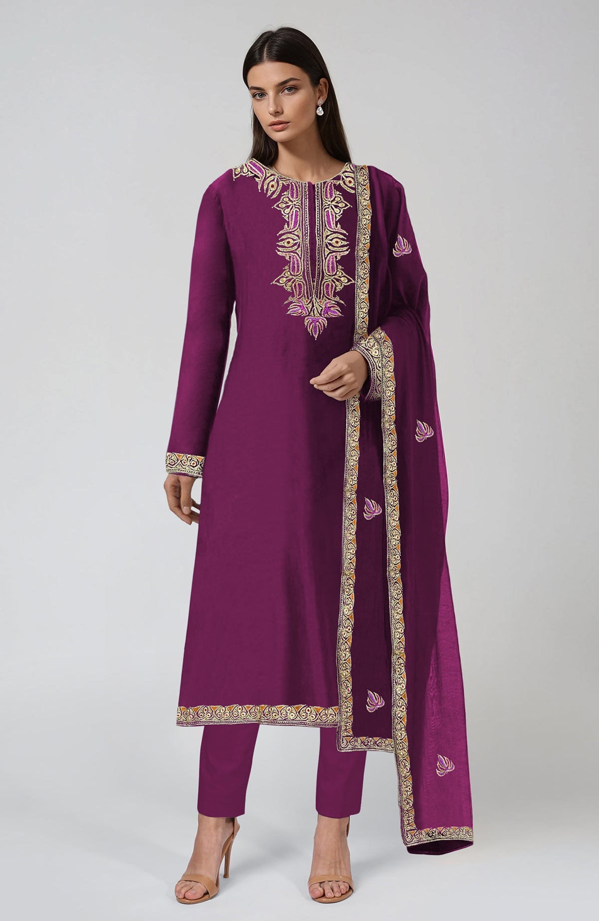 Peacock pink Kashmiri tilla and resham embroidered kurta set with matching dupatta.