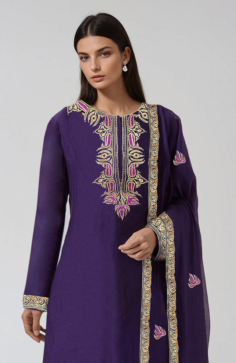 Indigo purple kurta set with Kashmiri tilla and resham embroidery.