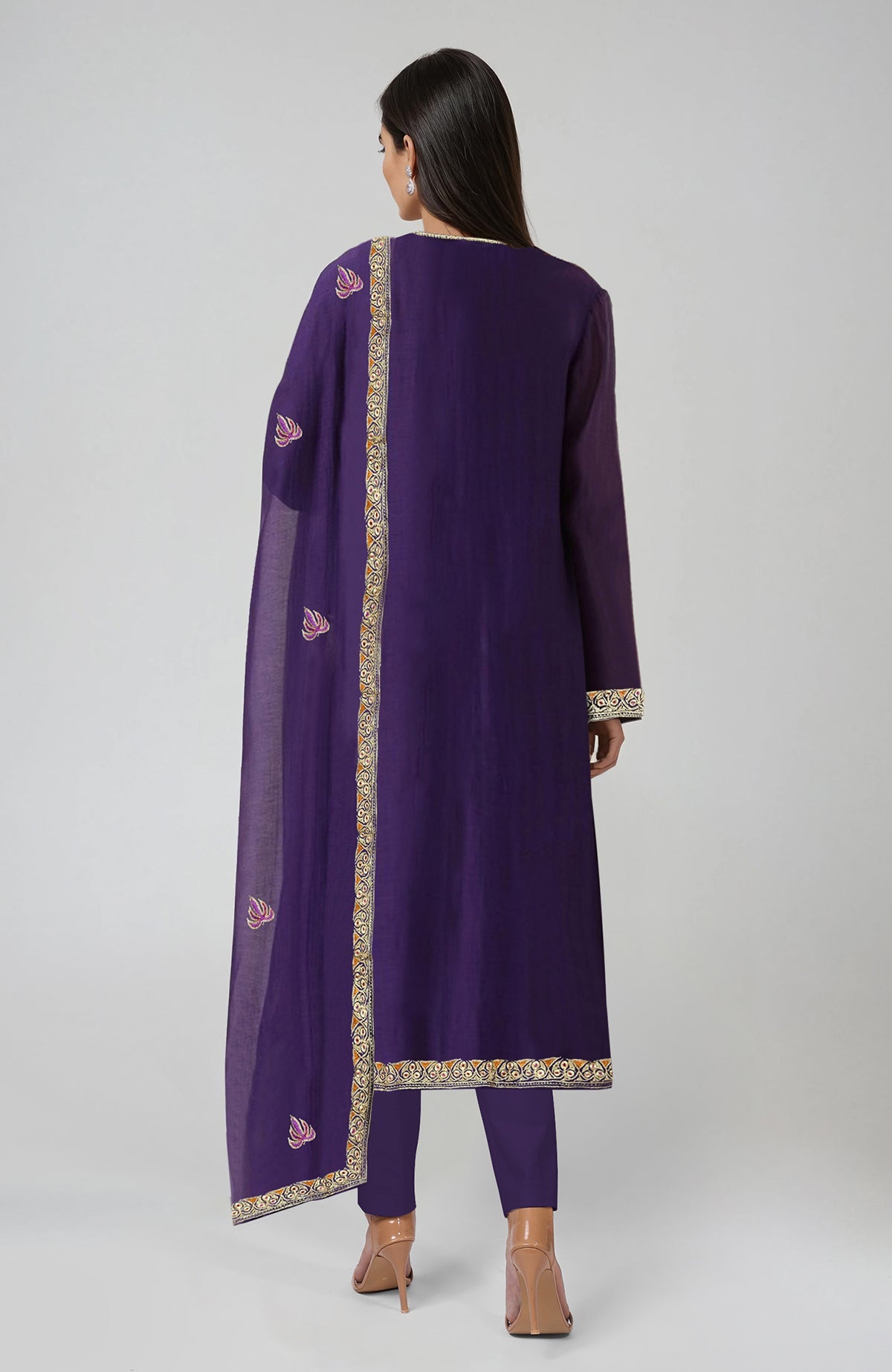 Indigo purple kurta set with Kashmiri tilla and resham embroidery.