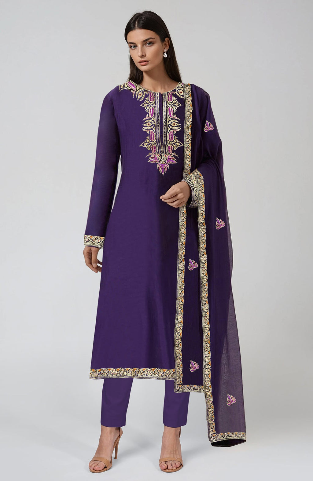 Indigo purple Kashmiri tilla and resham embroidered kurta set with matching dupatta.