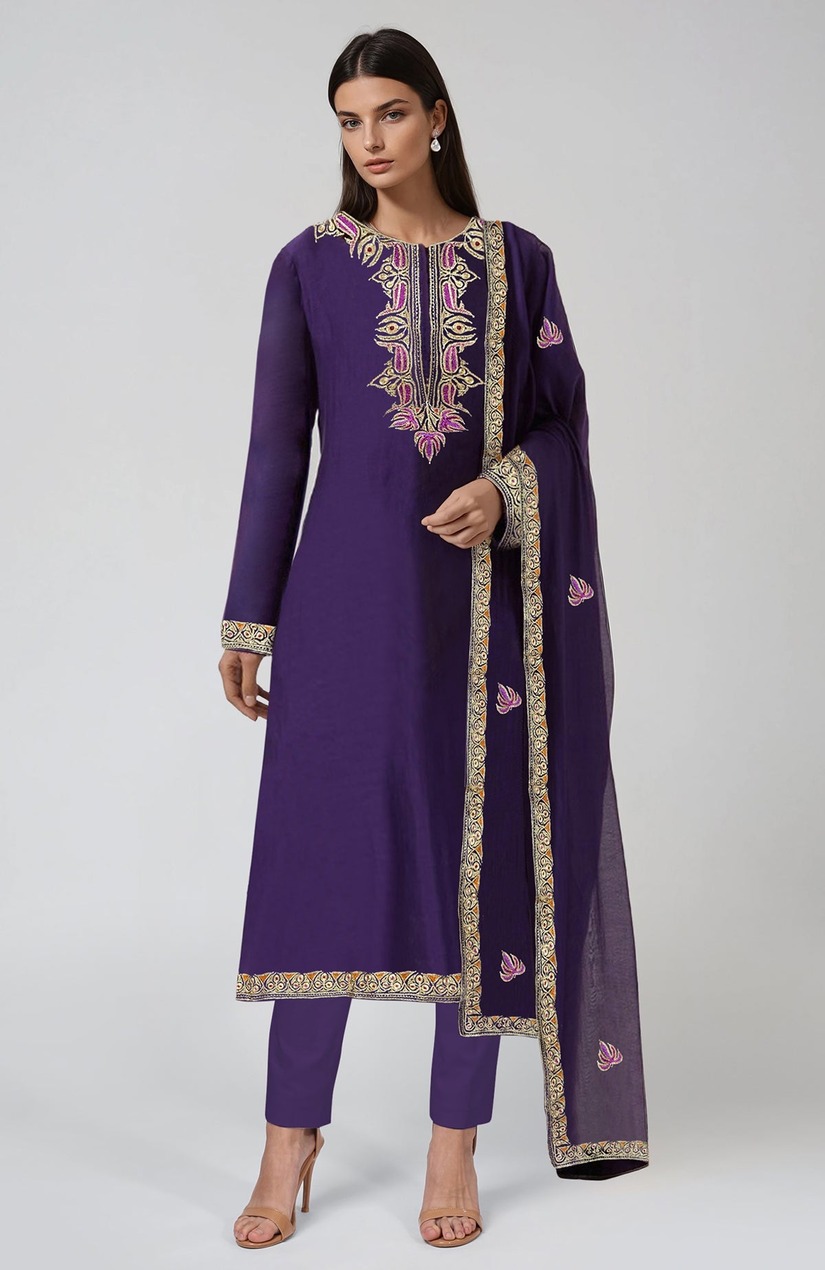 Indigo purple Kashmiri tilla and resham embroidered kurta set with matching dupatta.