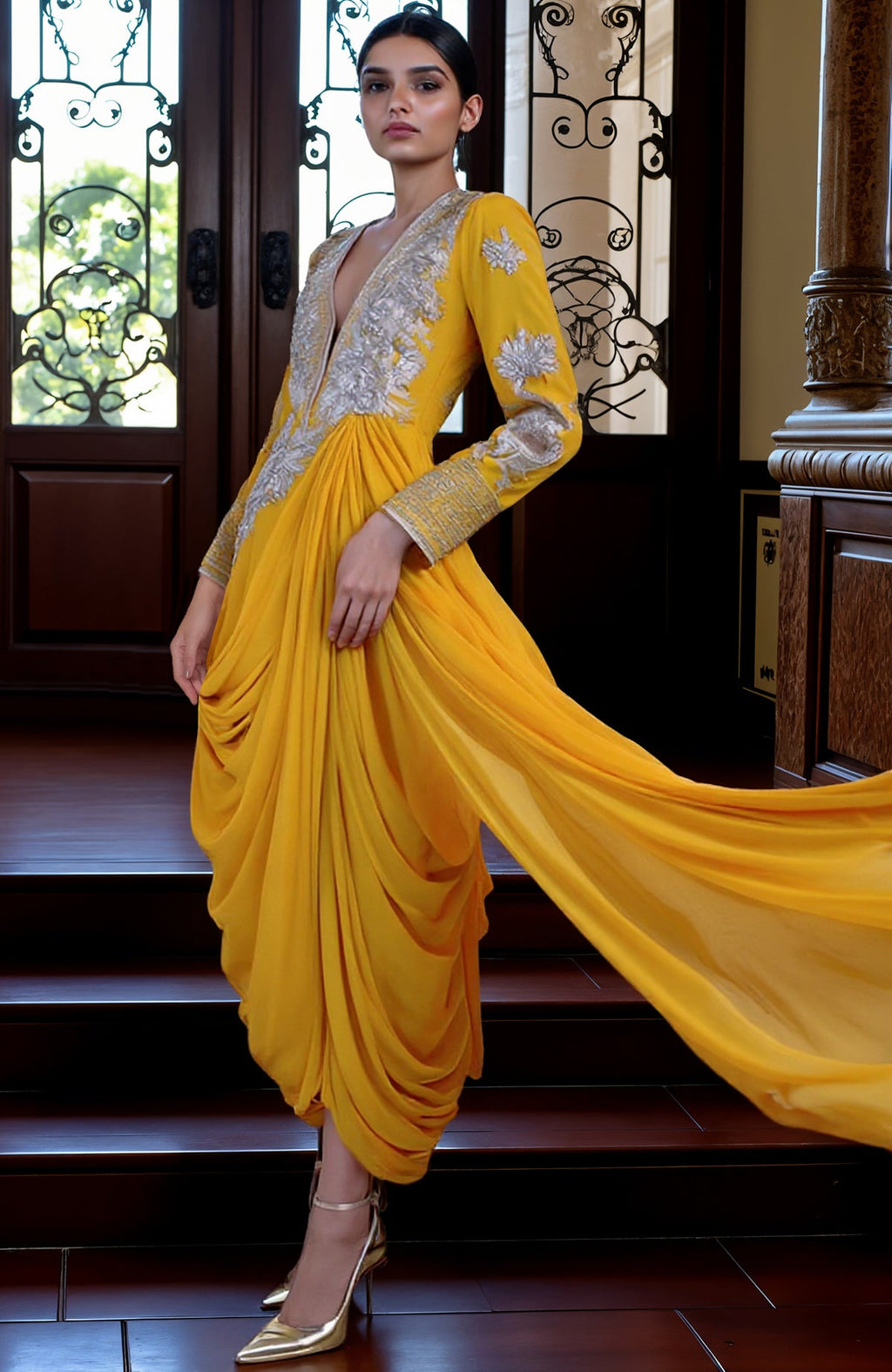 A model wears a mustard yellow draped skirt set with silver embroidery.