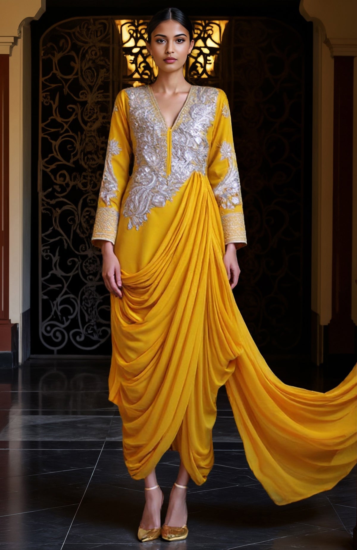 Greenery draped skirt set with silver embroidery, deep V-neck, and detachable asymmetrical train.