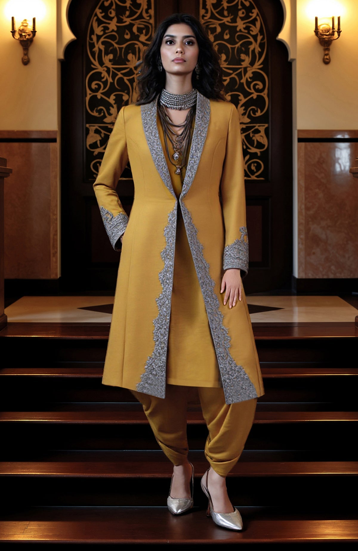 Silver embroidered longline jacket paired with matching tunic and draped dhoti pants set.