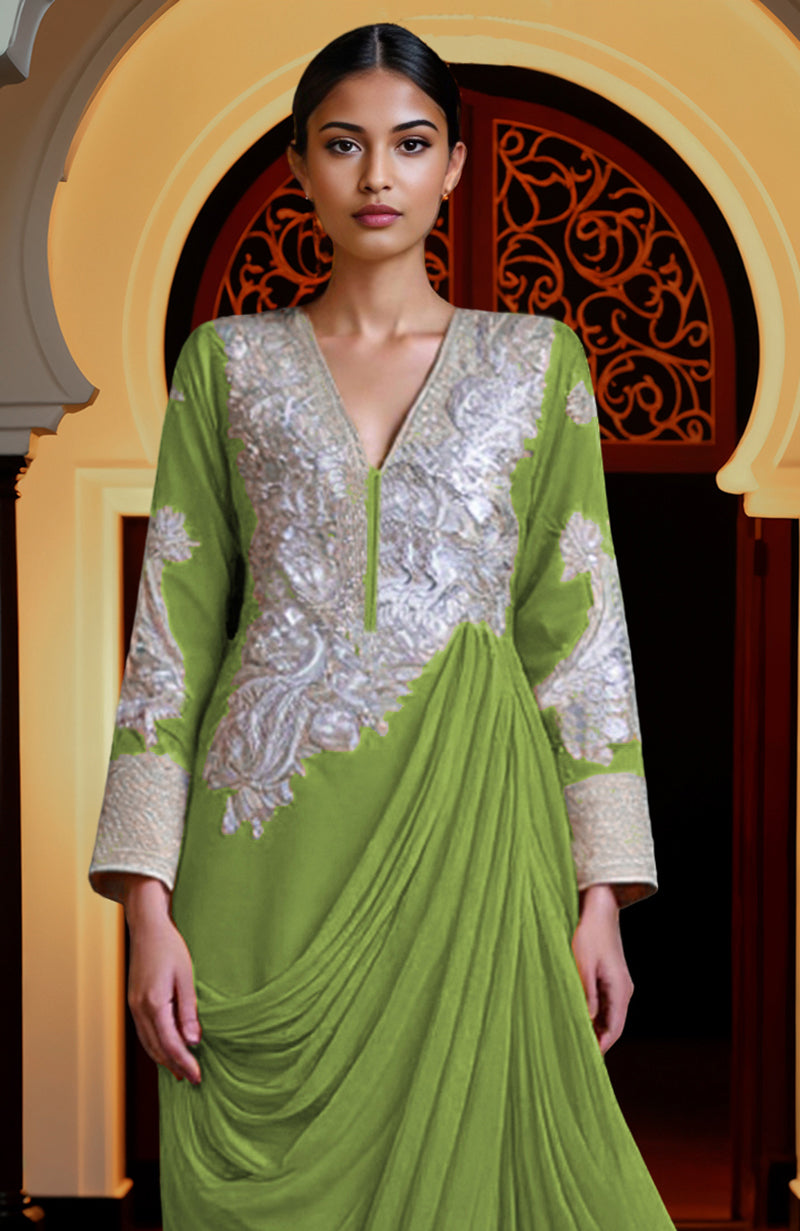 Greenery draped skirt set with silver embroidery, deep V-neck, and detachable asymmetrical train