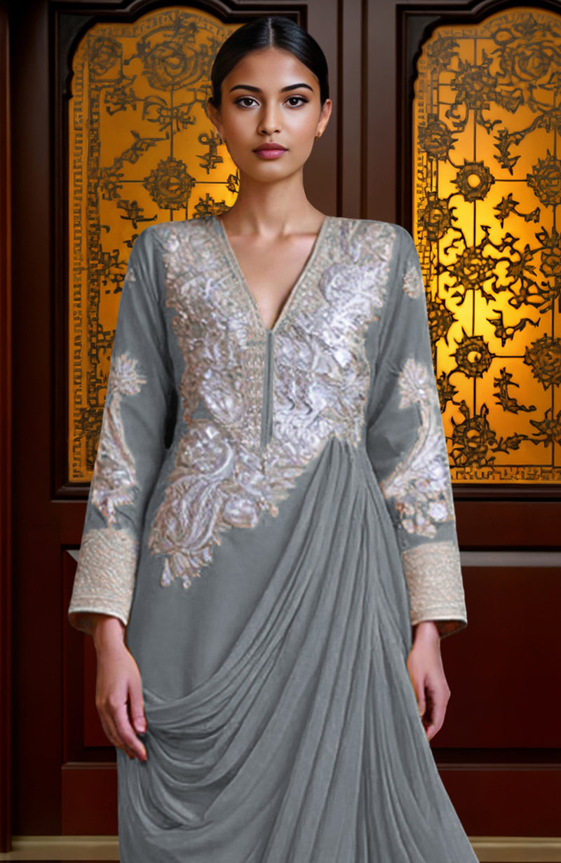 Slate gray draped skirt set with silver embroidery, deep V-neck, and detachable asymmetrical train