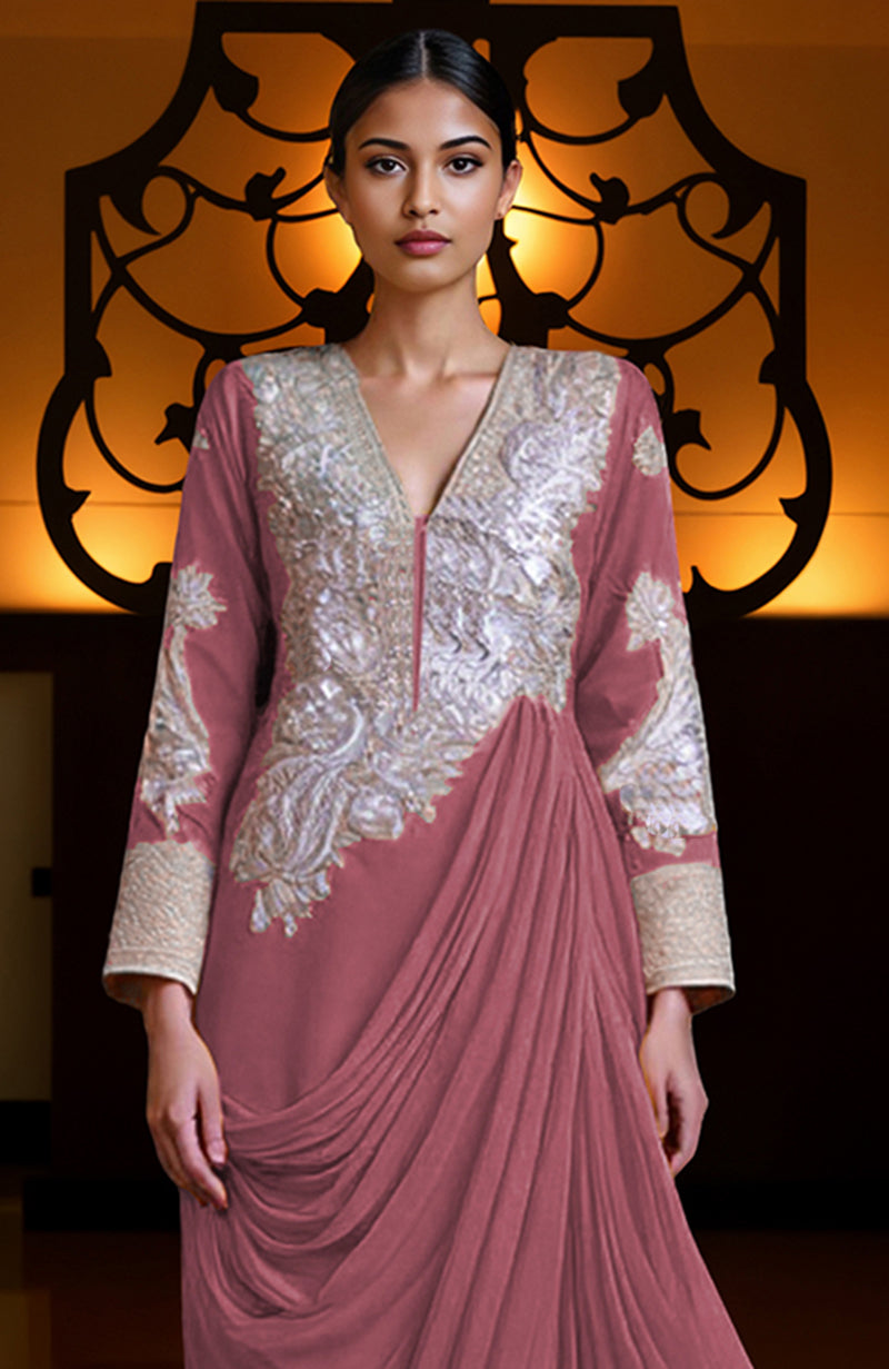Slate rose draped skirt set with silver embroidery, deep V-neck, and detachable asymmetrical train.