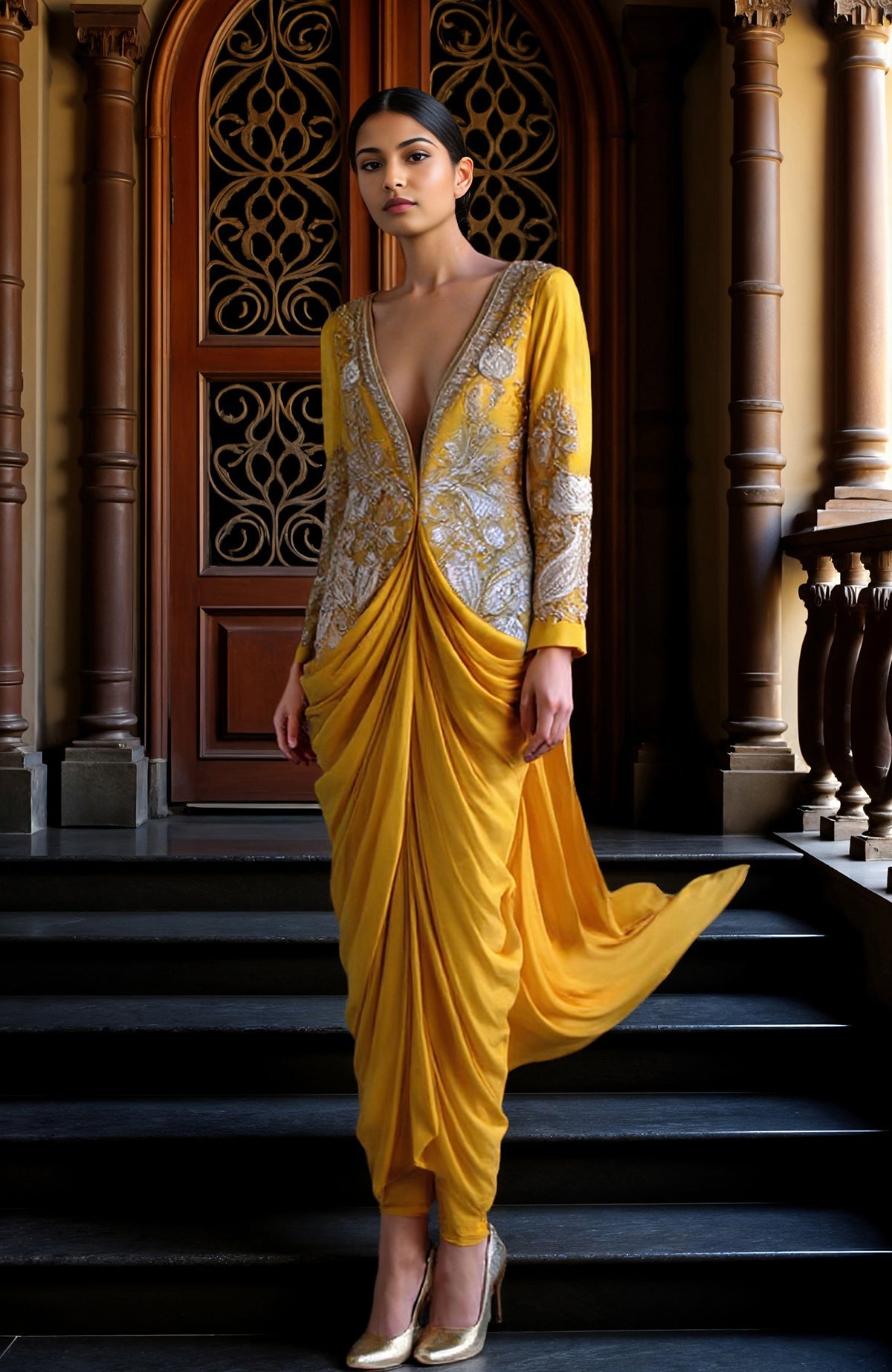 Mustard draped skirt set with silver tilla and white thread embroidery and detachable train.