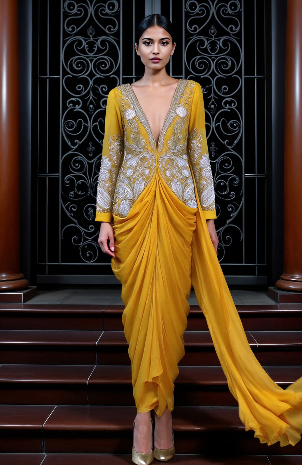 Mustard draped skirt set with silver tilla and white thread embroidery and detachable train