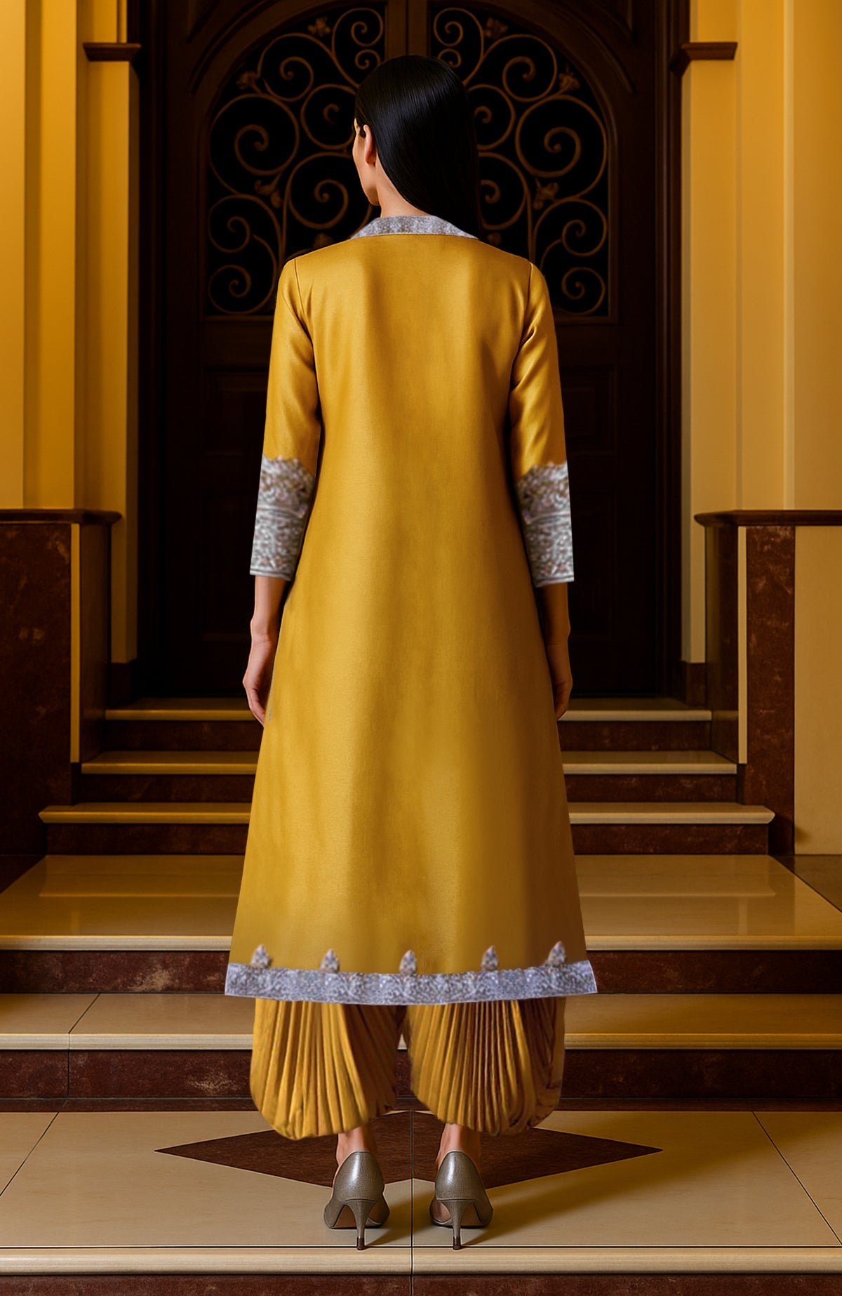 Mustard yellow jacket and dhoti set with intricate silver embroidery and pleated pants.